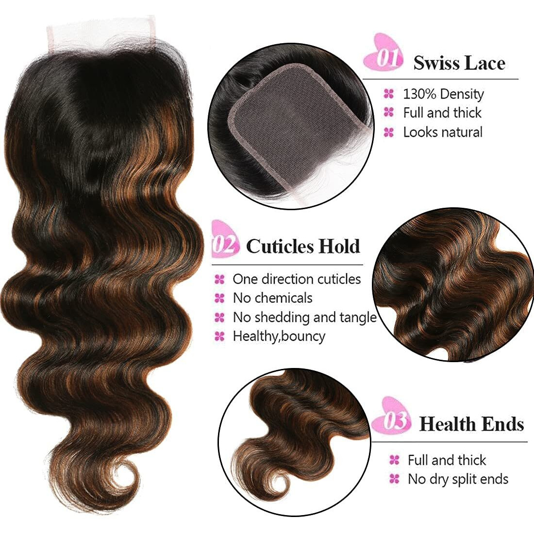 Unice Brown Highlight Body Wave Human Hair 3 Bundles With 4X4 Lace Closure Free Part, Brazilian Remy Hair Ombre Human Hair Wavy Weaves Fb30 Color 22 24 24+20 Closure