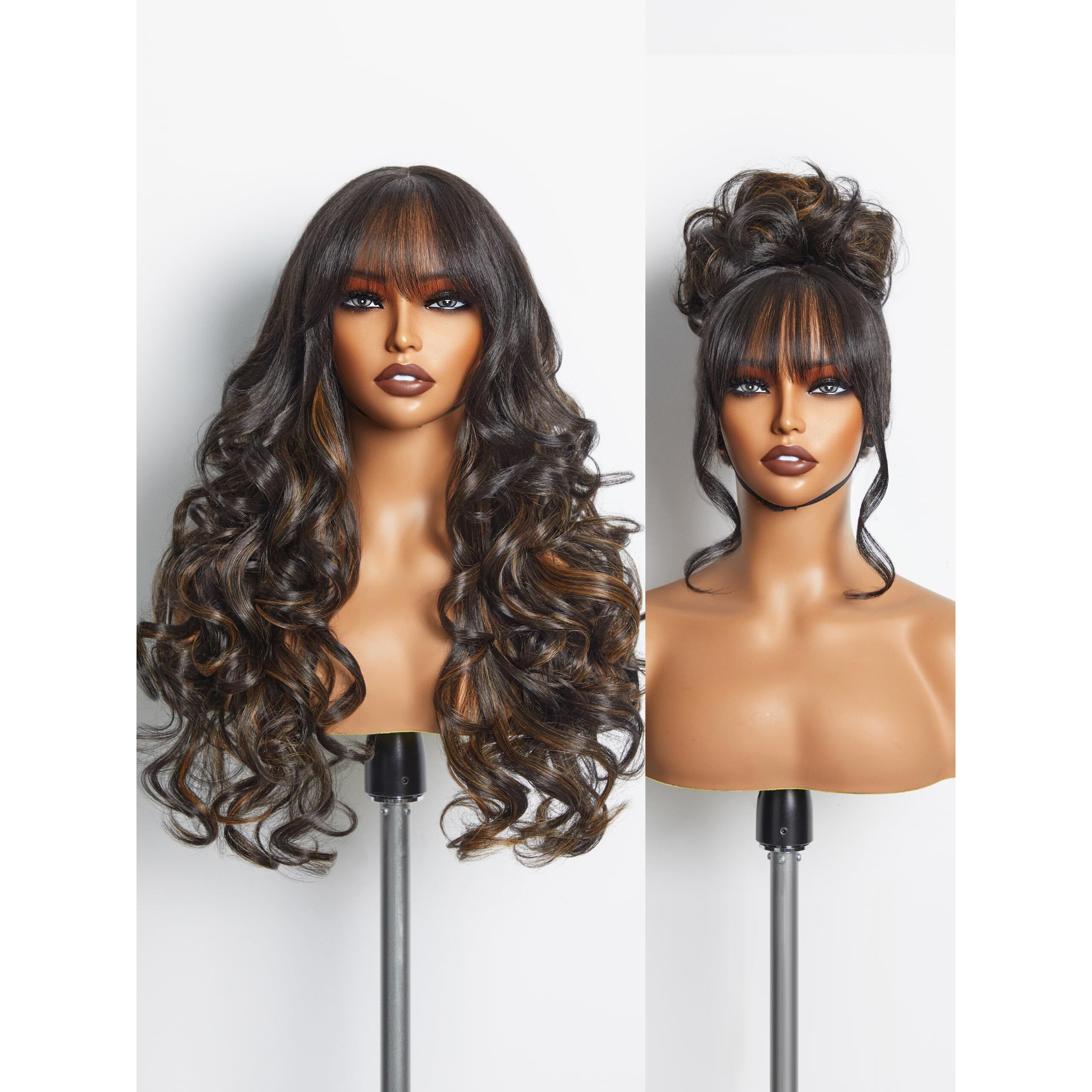 Gorgius Highlight Wigs With Bang Body Wave Wig Long Natural Highlights Glueless Wavy Wig Crafted With Style-Archive Premium Fiber, Realistic Look With True Scalp