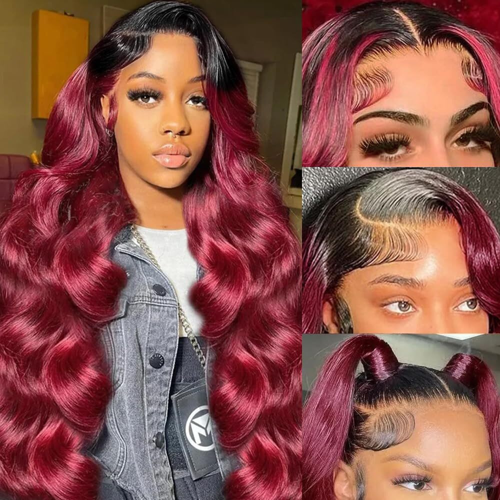 T1B/99J Burgundy Lace Front Wigs Human Hair 13X4 Ombre Body Wave Lace Front Wig Human Hair Pre Plucked 180% Density Glueless Black And Burgundy Colored Frontal Human Hair Wig Win Red Wig 32 Inch