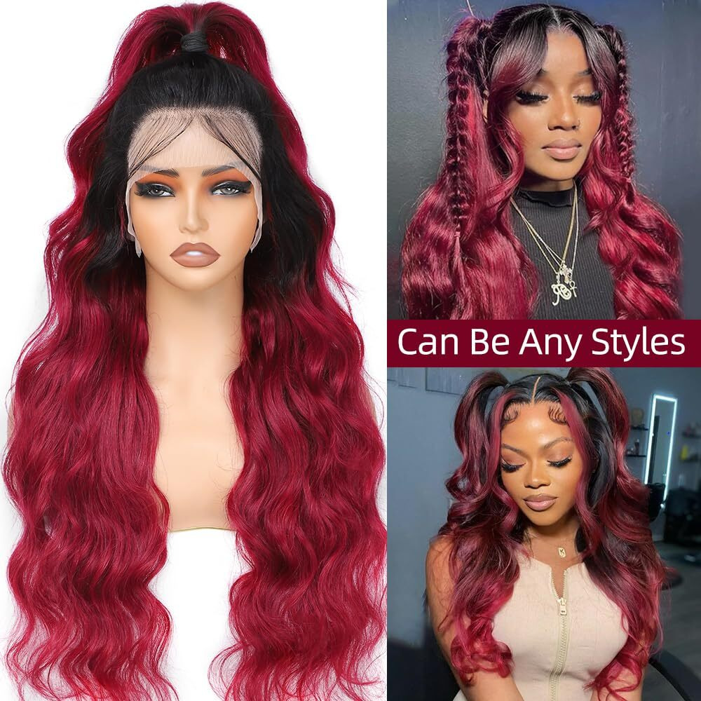 T1B/99J Burgundy Lace Front Wigs Human Hair 13X4 Ombre Body Wave Lace Front Wig Human Hair Pre Plucked 180% Density Glueless Black And Burgundy Colored Frontal Human Hair Wig Win Red Wig 32 Inch