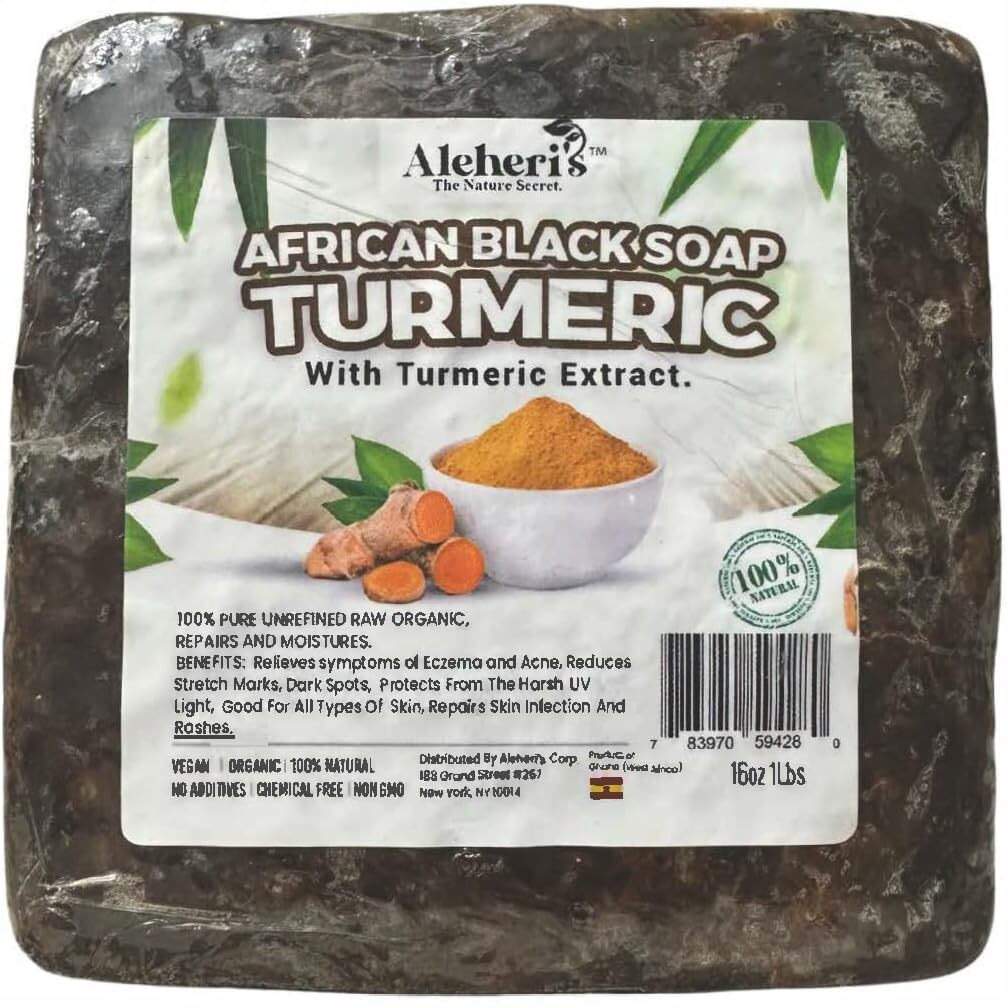 Aleheri's African Black Soap Turmeric 16 Oz - 100% All Natural, Raw Ingredients, From Ghana. For All Skin Types, Helps Rejuvenate, Aids Against Dark Spots, Eczema, Stretch Marks On Face & Body
