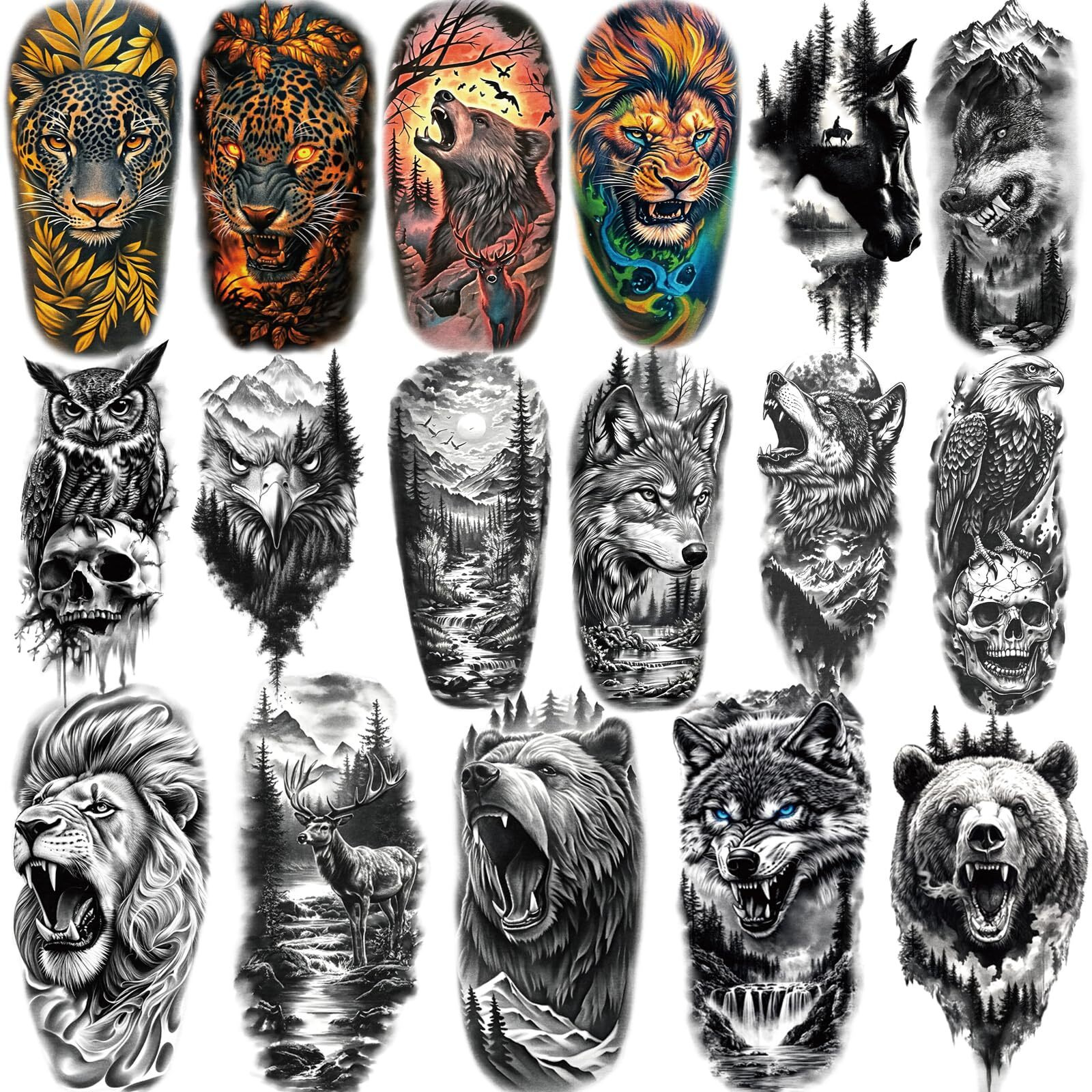77 Sheets Temporary Tattoos For Adults And Kids - 2 Sizes Fake Tattoo Realistic Lion, Tiger, Wolf, Eagle Owl Forest Animal Designs- Long Lasting Body Tattoo For Halloween, Parties