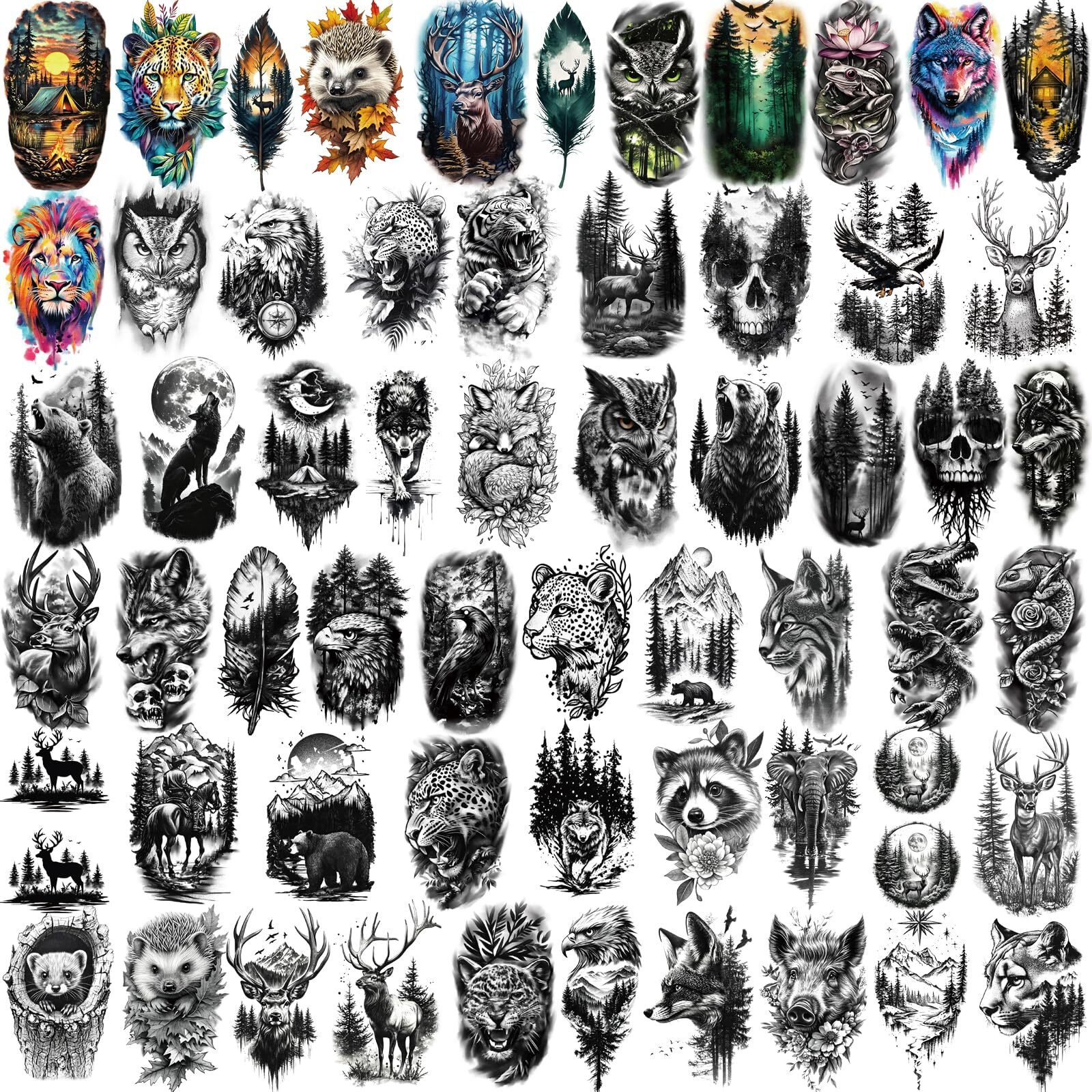 77 Sheets Temporary Tattoos For Adults And Kids - 2 Sizes Fake Tattoo Realistic Lion, Tiger, Wolf, Eagle Owl Forest Animal Designs- Long Lasting Body Tattoo For Halloween, Parties
