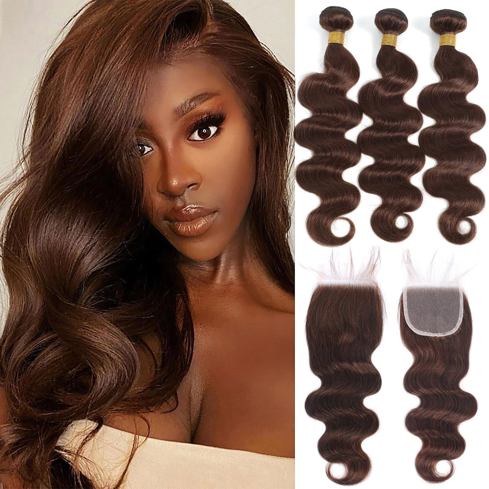 Kapelli Hair Brazilian Body Wave Bundles With Closure (24 26 28+22) 10A Light Brown Body Wave Human Hair Bundles With Lace Closure Brazilian Virgin Hair 3 Bundles With Lace Closure With Baby Hair
