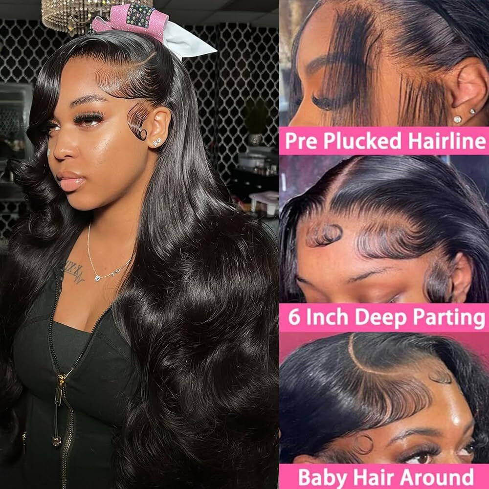 Pinkeagle 13X6 Lace Front Wigs Human Hair 200% Density Body Wave Hd Lace Front Wigs Human Hair Pre Plucked Glueless 13X6 Full Frontal Wig For Women Natural Black 24 Inch