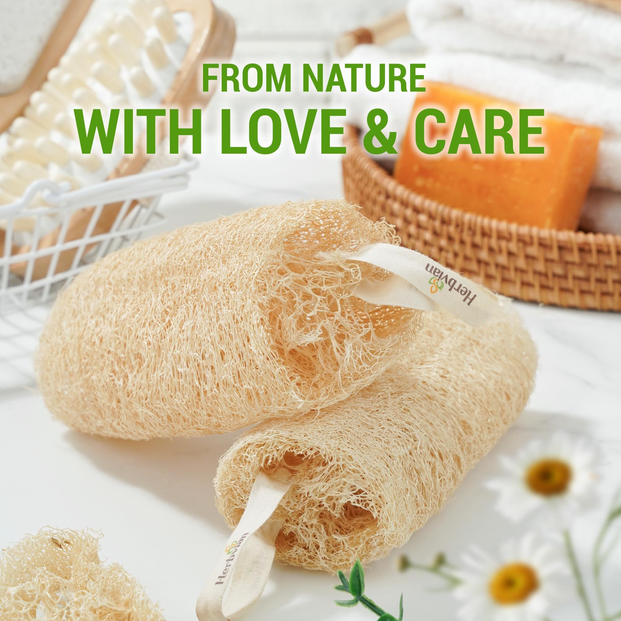 Natural Vietnamese Loofah Sponge, 100% Plant-Based Luffa Exfoliating Body Scrubber For Shower, Multi-Functional For Kitchen, Ideal For Men & Women, Spa & For Pet (2Pcs/Pack)