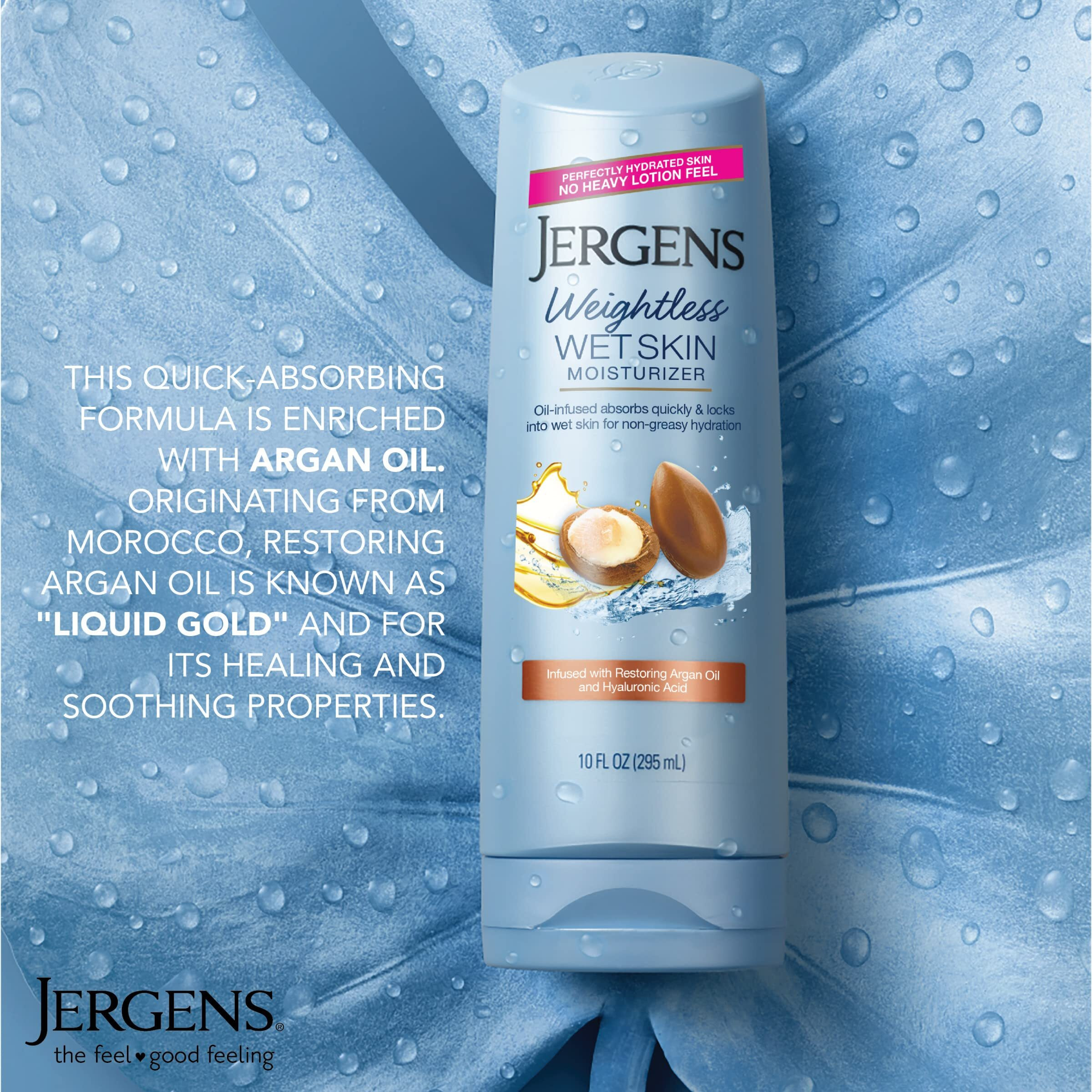 Jergens Wet Skin Body Moisturizer With Restoring Argan Oil, 10 Ounces, 4X Healthier Looking Skin, Fast-Absorbing, Non-Greasy, Dermatologist Tested (Pack Of 4) (Packaging May Vary)