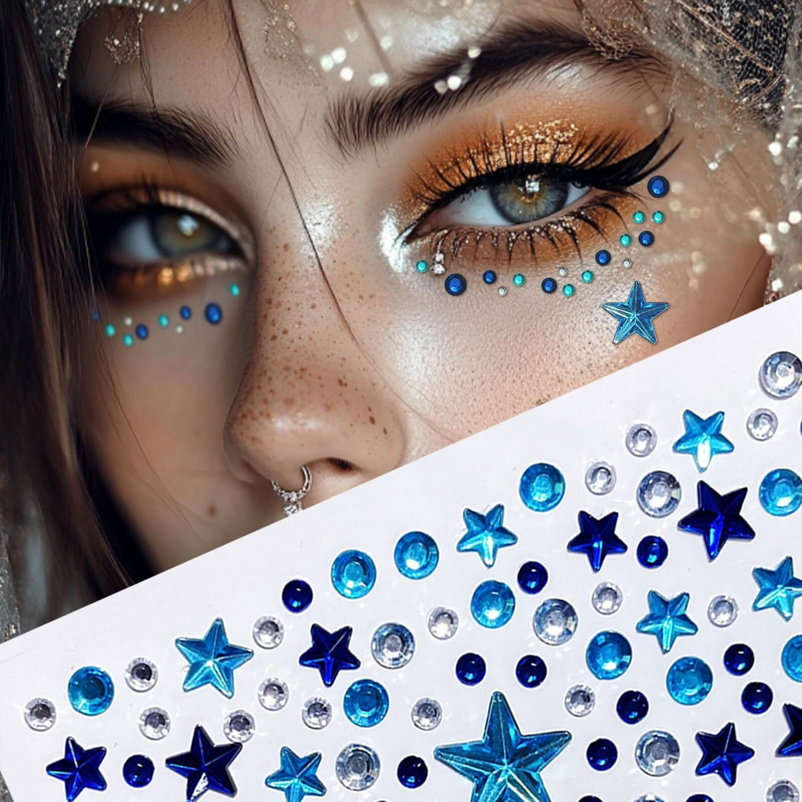 4-Pack Independence Day Blue Rhinestone Face & Body Stickers - Patriotic Glitter Face Jewels For Cheeks, Body, Nails - Self-Adhesive Star & Sparkle Gems Decals 4Th Of July Parties Decoration