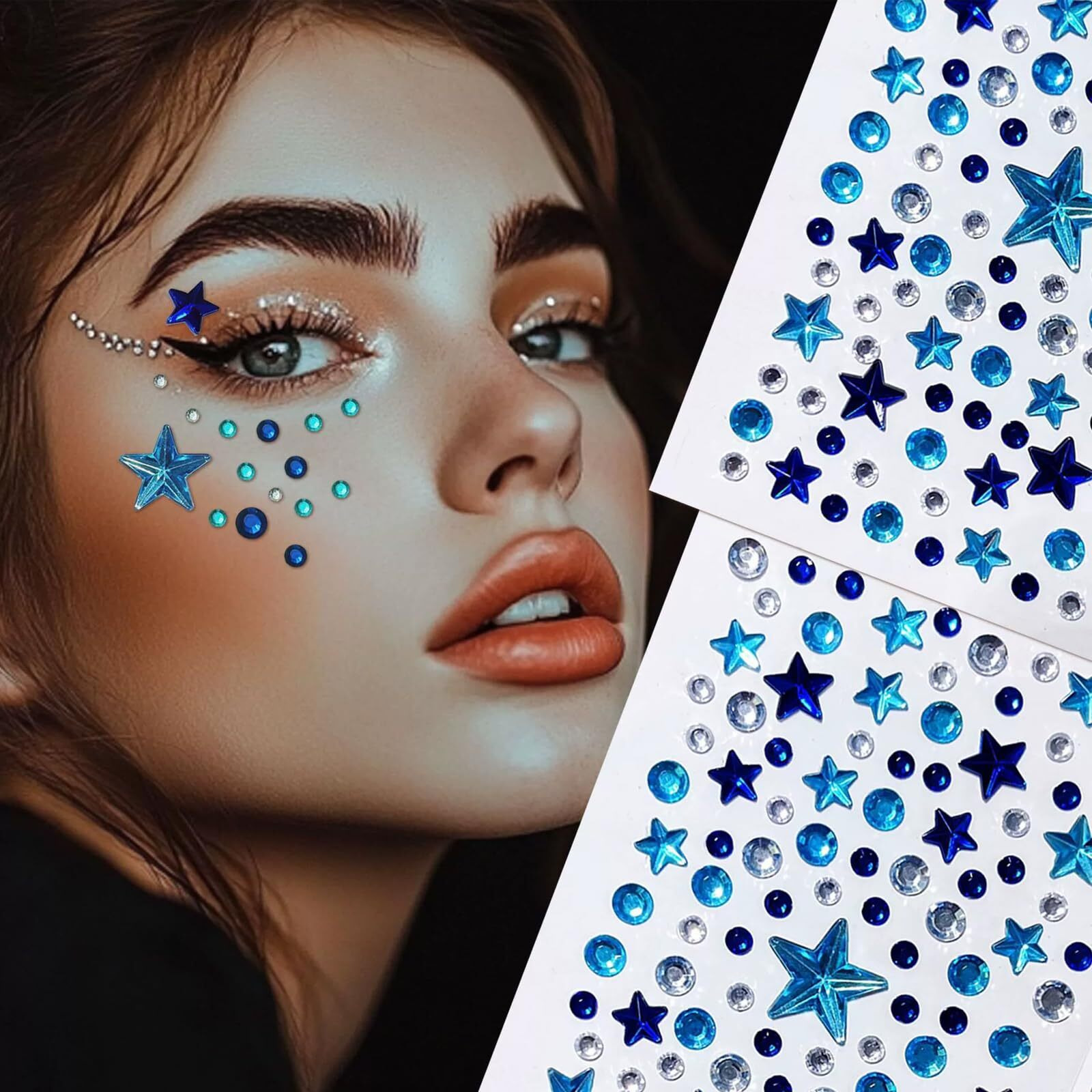 4-Pack Independence Day Blue Rhinestone Face & Body Stickers - Patriotic Glitter Face Jewels For Cheeks, Body, Nails - Self-Adhesive Star & Sparkle Gems Decals 4Th Of July Parties Decoration