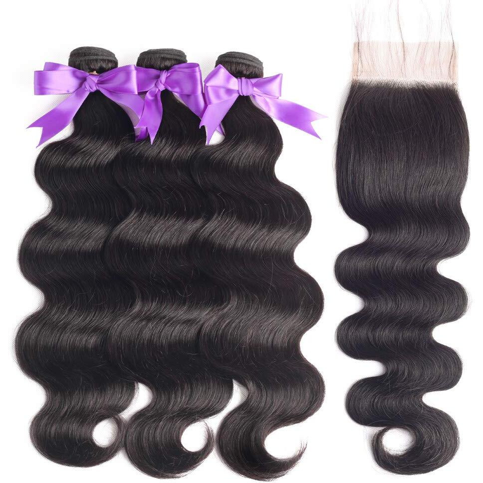 Beauhair Brazilian Body Wave Virgin Human Hair Bundles With Closure (26 26 26 With 20 Closure) Unprocessed Bundles With Lace Closure Body Wave Hair With Closure 4X4 Lace Free Part Natural Black Hair