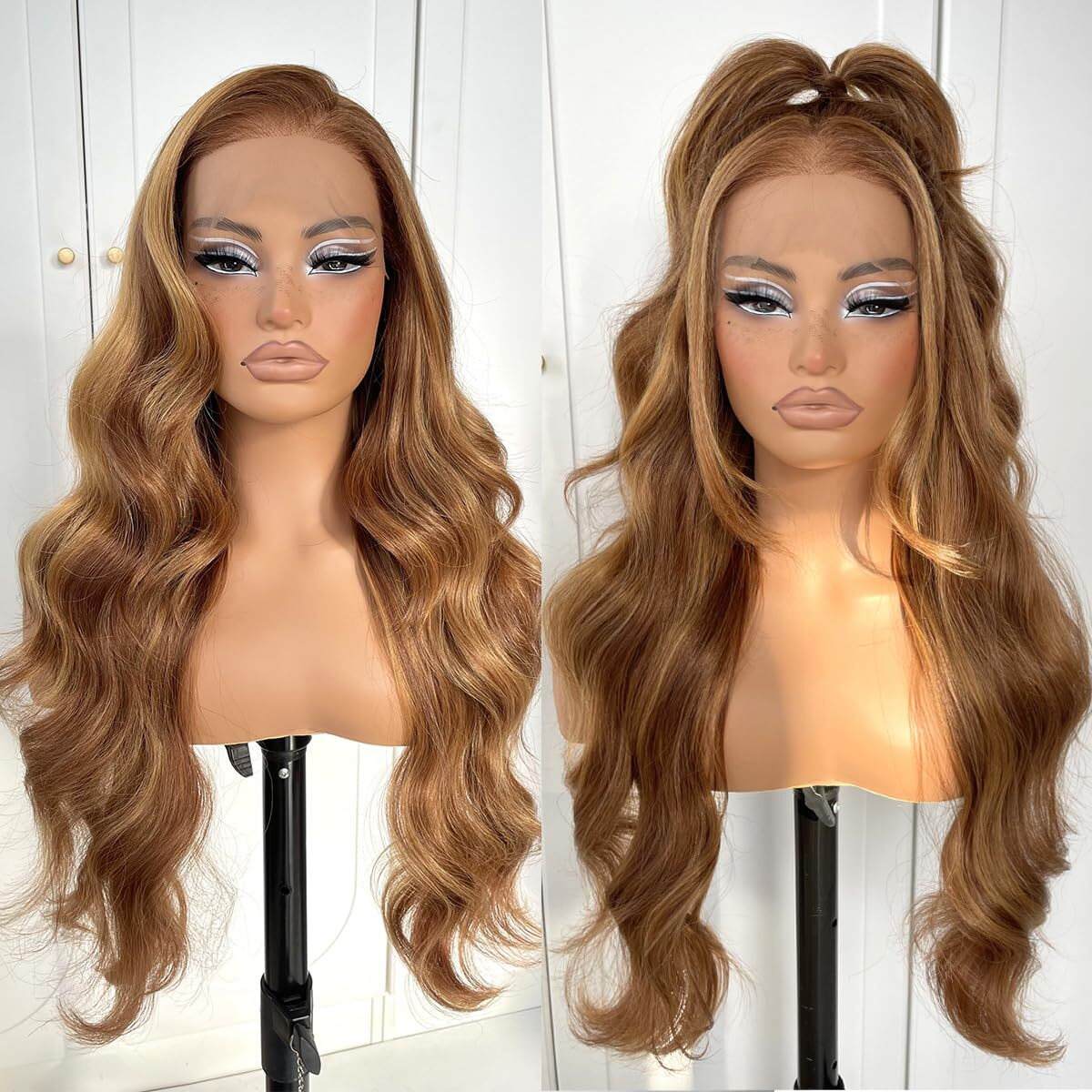 Mitimes 13X6 Highlight Ombre Glueless Lace Front Wigs Pre Plucked Synthetic Ready To Wear Honey Blonde Lace Front Wig Body Wave Wig For Women