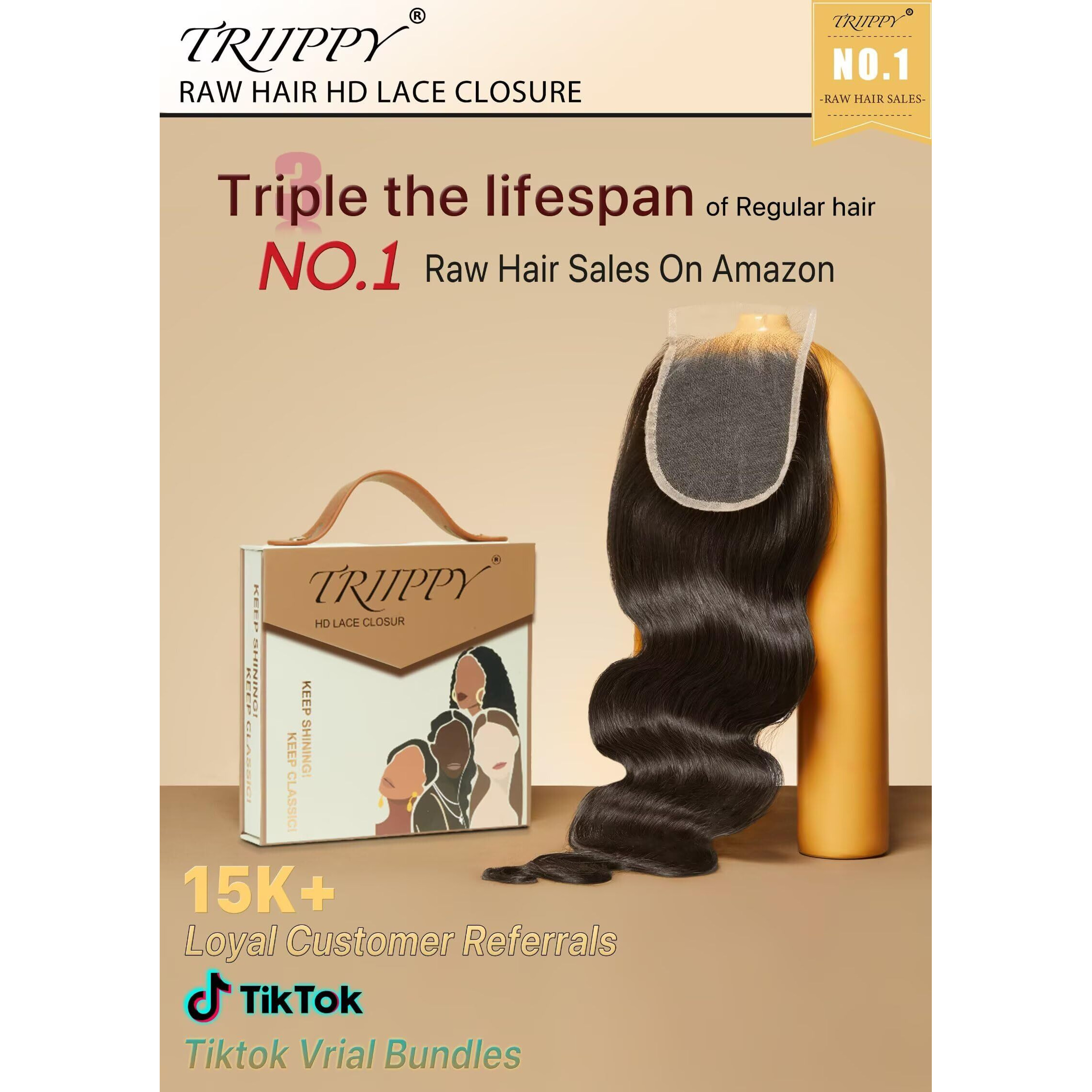 Triippy Raw Hair 4X4 Hd Lace Closure Body Wave More Less Shedding Than Regular Virgin Hair,0.10Mm Ultra-Thin 4X4 Swiss Real Hd Lace With 100% Raw Cambodian Human Hair(19 Inch)