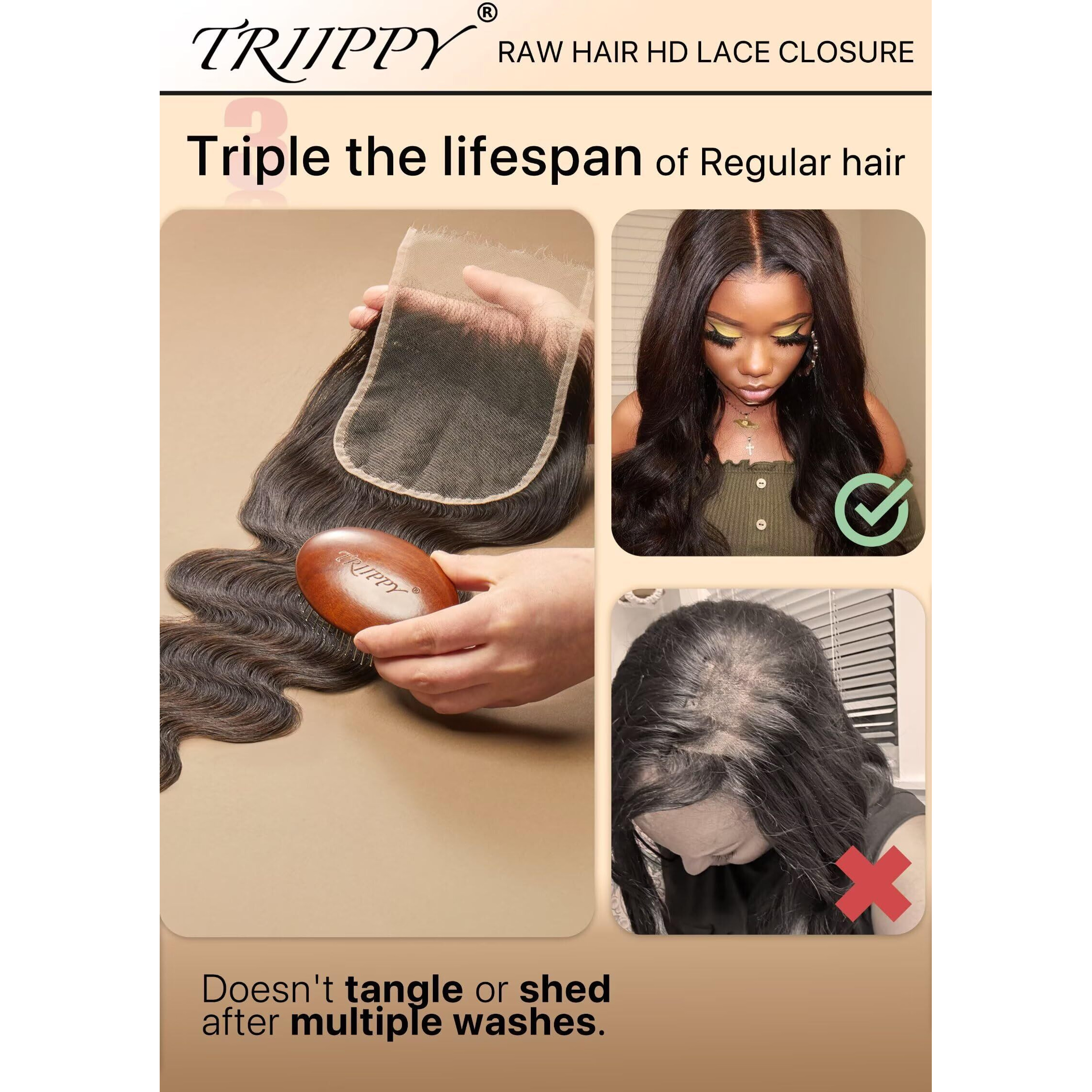 Triippy Raw Hair 4X4 Hd Lace Closure Body Wave More Less Shedding Than Regular Virgin Hair,0.10Mm Ultra-Thin 4X4 Swiss Real Hd Lace With 100% Raw Cambodian Human Hair(19 Inch)