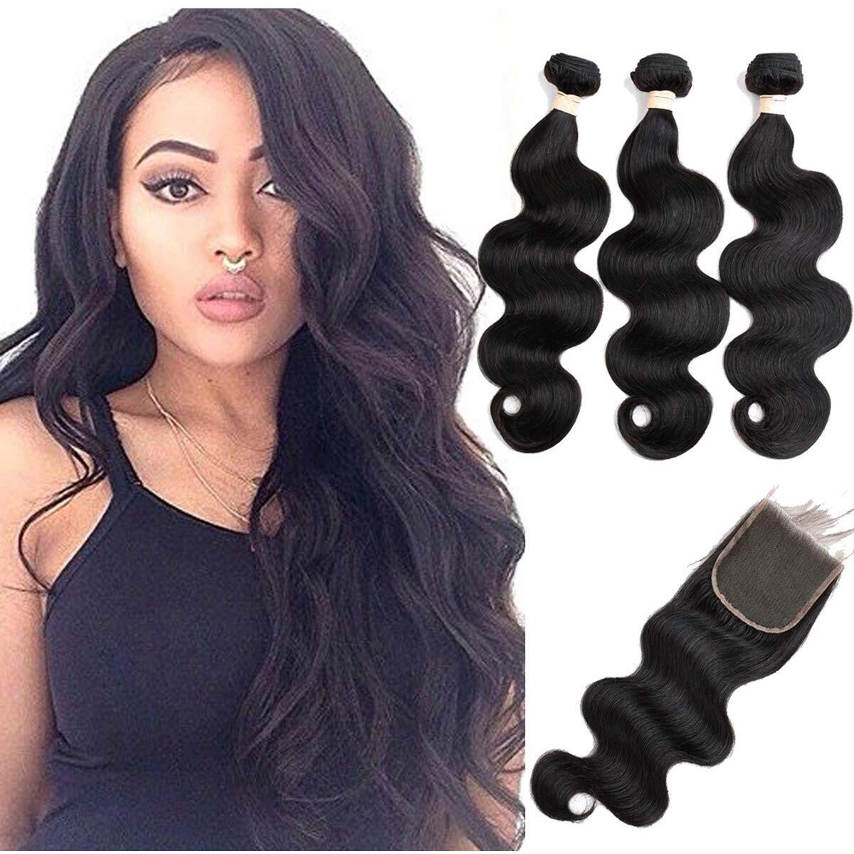 Beauhair Body Wave Human Hair Bundles With Closure 18 20 22 With 18"&quotClosure 8A Brazilian 100% Unprocessed Brazilian Virgin Hair Body Wave 3 Bundles With Free Part 4X4 Lace Closure Natural Color