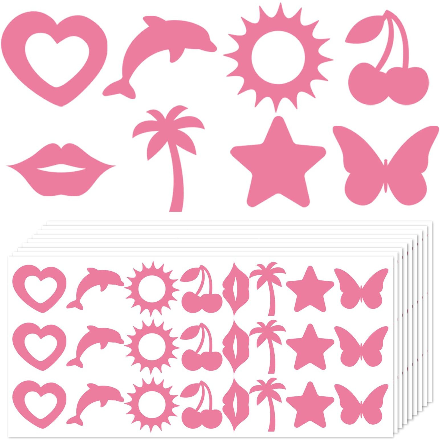 Whaline 240Pcs Tanning Sunbathing Stickers Heart Dolphin Sun Cherry Lip Tree Star Butterfly Tanning Decals Light Pink Self Adhesive Body Stickers For Summer Beach Salon Party Supplies