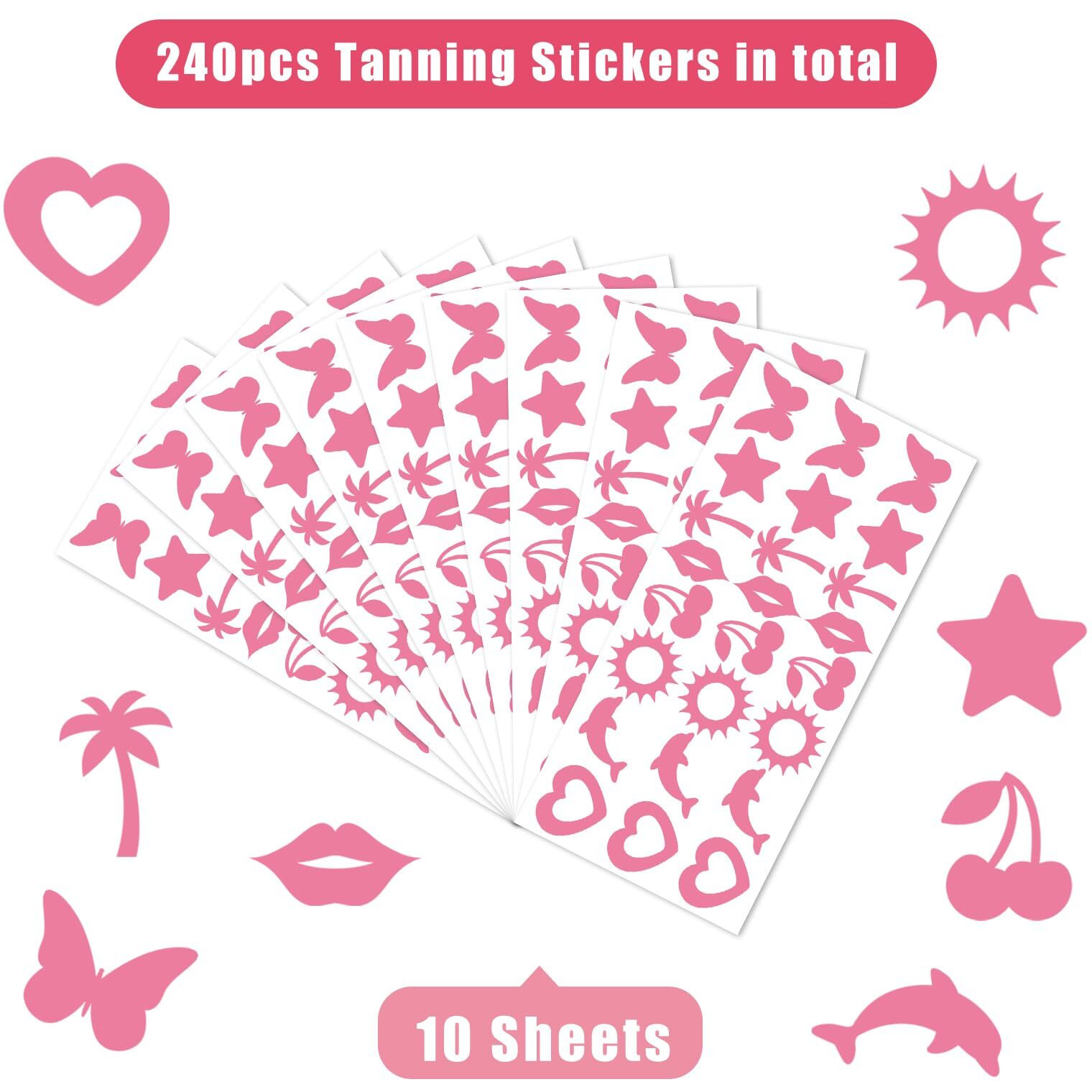 Whaline 240Pcs Tanning Sunbathing Stickers Heart Dolphin Sun Cherry Lip Tree Star Butterfly Tanning Decals Light Pink Self Adhesive Body Stickers For Summer Beach Salon Party Supplies