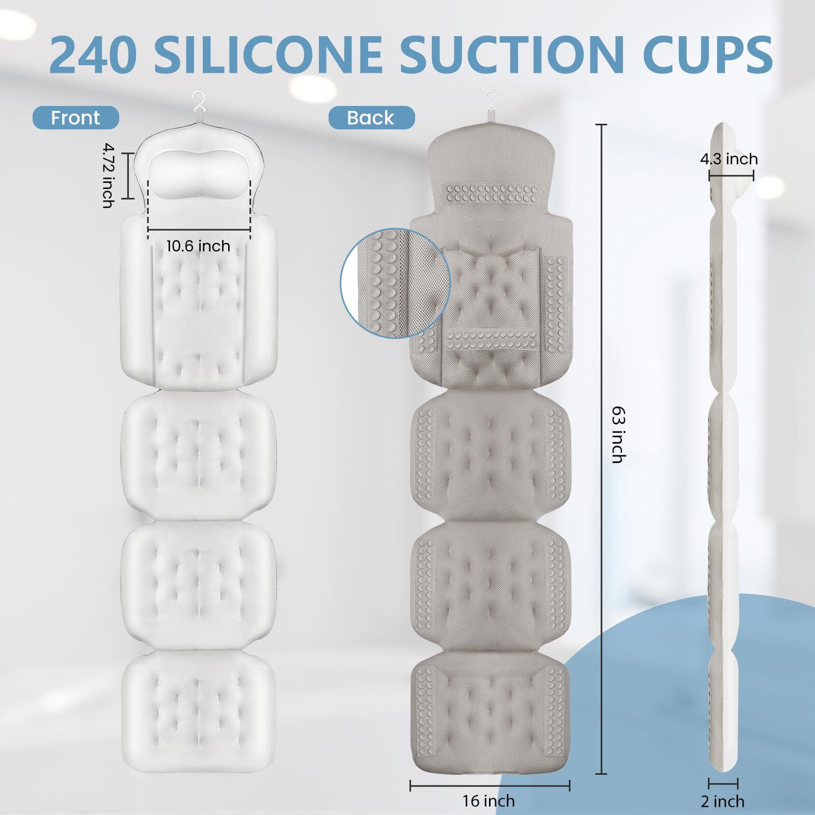 Full Body Bath Pillow, Luxury Bath Cushion With 192 Suction Cups, Bath Pillows For Tub For Head And Neck Support, With Laundry Bag White, 63"" X 16""