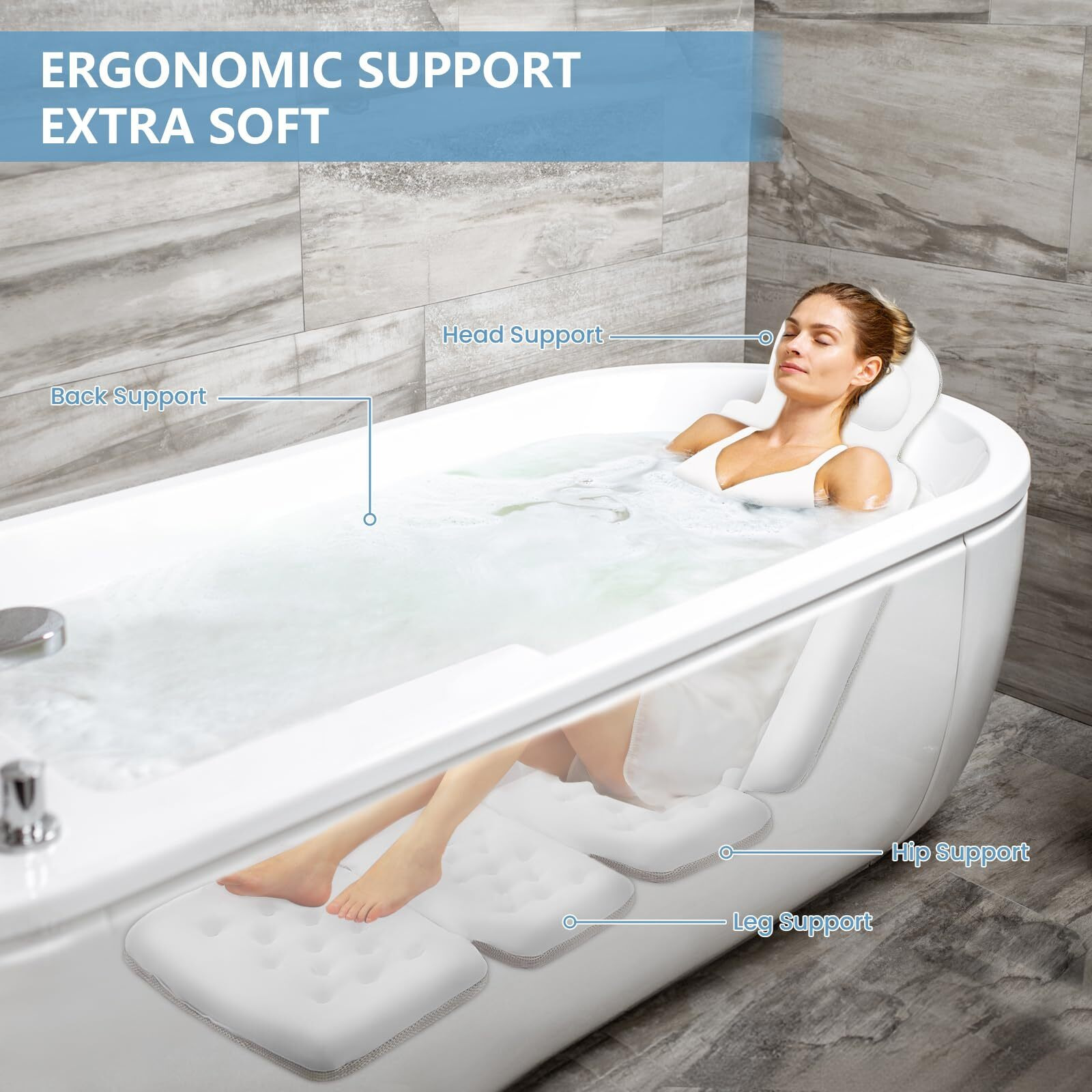 Full Body Bath Pillow, Luxury Bath Cushion With 192 Suction Cups, Bath Pillows For Tub For Head And Neck Support, With Laundry Bag White, 63"" X 16""