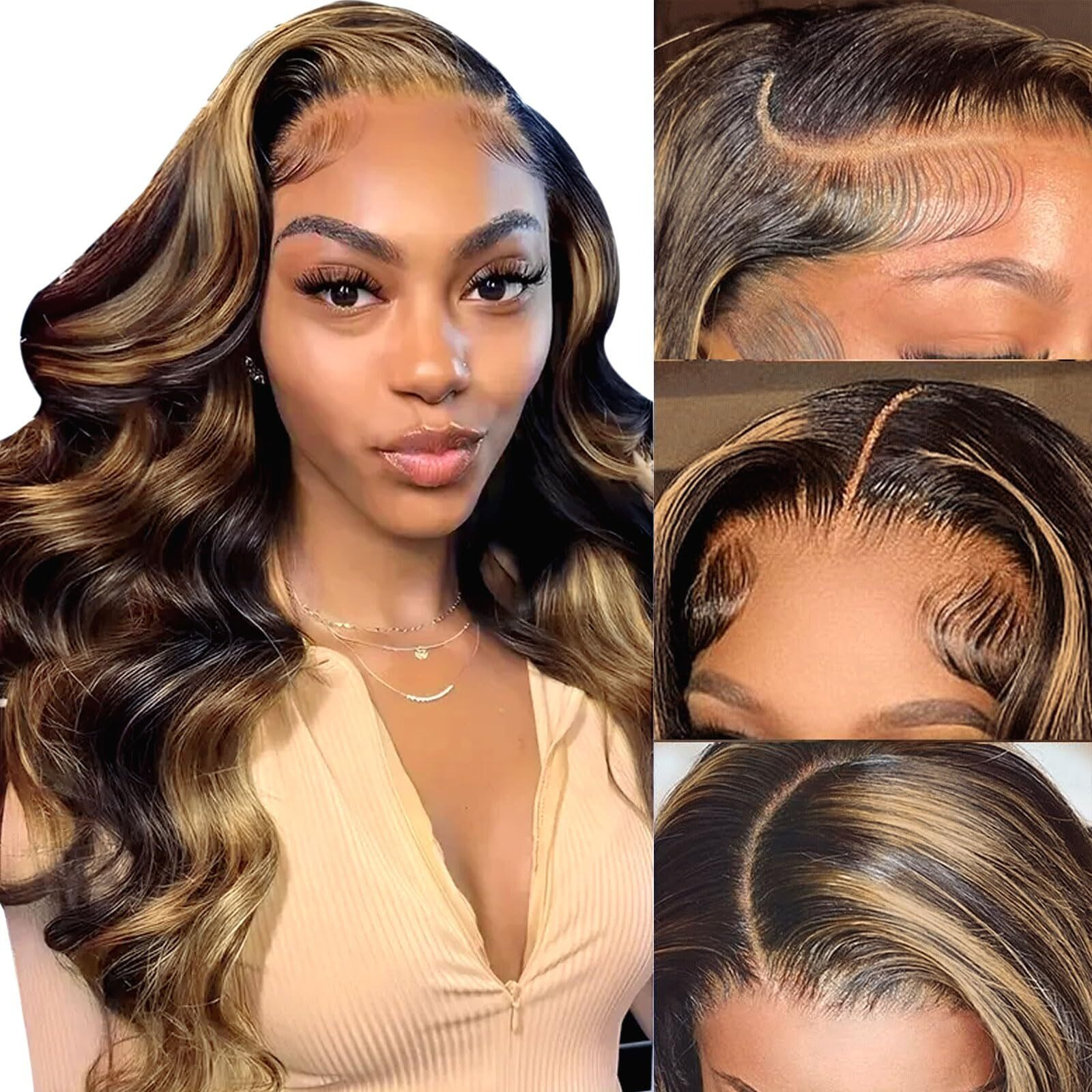 Haha Brown Ombre Lace Closure Wig Human Hair 1B/30 Highlight Lace Front Wig 4X4 Body Wave Honey Blonde Highlight Wig Human Hair Glueless Pre Plucked Bleached Knots 150% Density Balayage 20 Inch