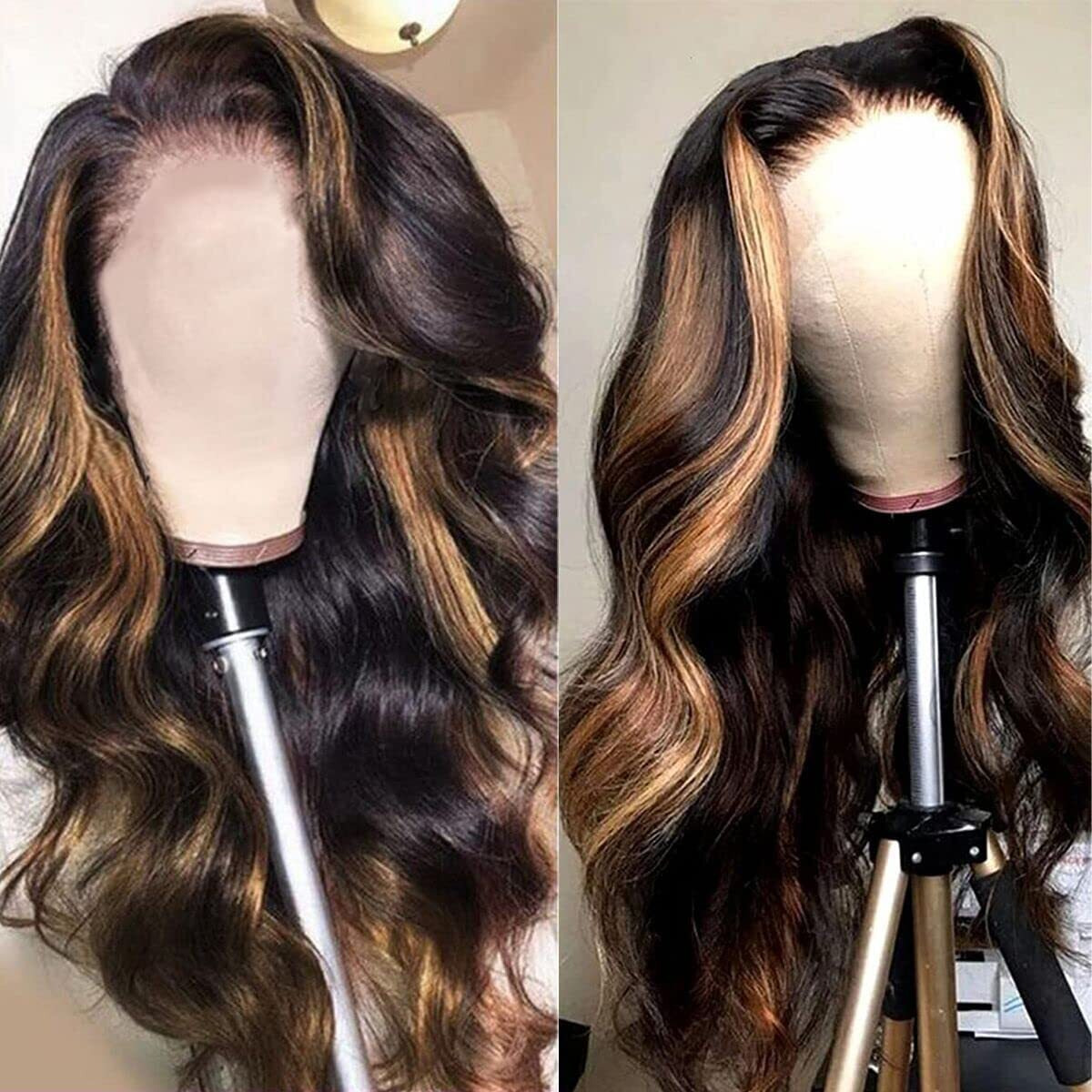 Haha Brown Ombre Lace Closure Wig Human Hair 1B/30 Highlight Lace Front Wig 4X4 Body Wave Honey Blonde Highlight Wig Human Hair Glueless Pre Plucked Bleached Knots 150% Density Balayage 20 Inch