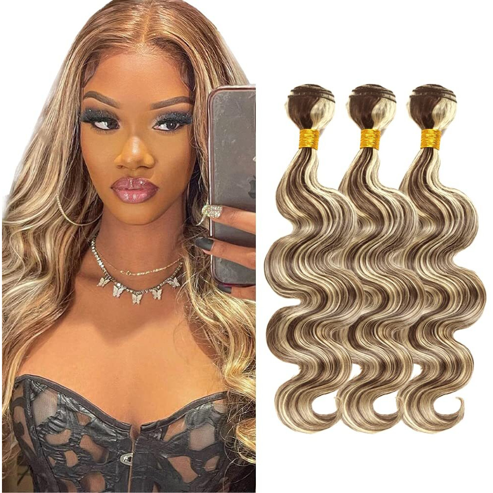 P4/613 Highlight Brown Bundles Human Hair Body Wave Bundles 28 30 32 Inch Unprocessed Brazilian Virgin Hair Weave 3 Bundle Blonde Human Hair Extensions 50 Grams Per Bundle