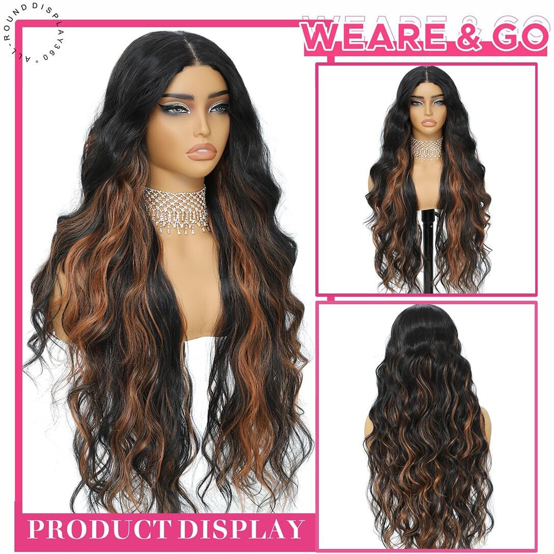 Xchjh 30 Inch Synthetic Lace Front Wig, Long Wavy 4X1 Glueless Pre-Cut Lace Wear And Go Wig For Women Middle Part Body Wave With Natural Hairline, Beginner-Friendly For Daily Use (Black Mix Brown)