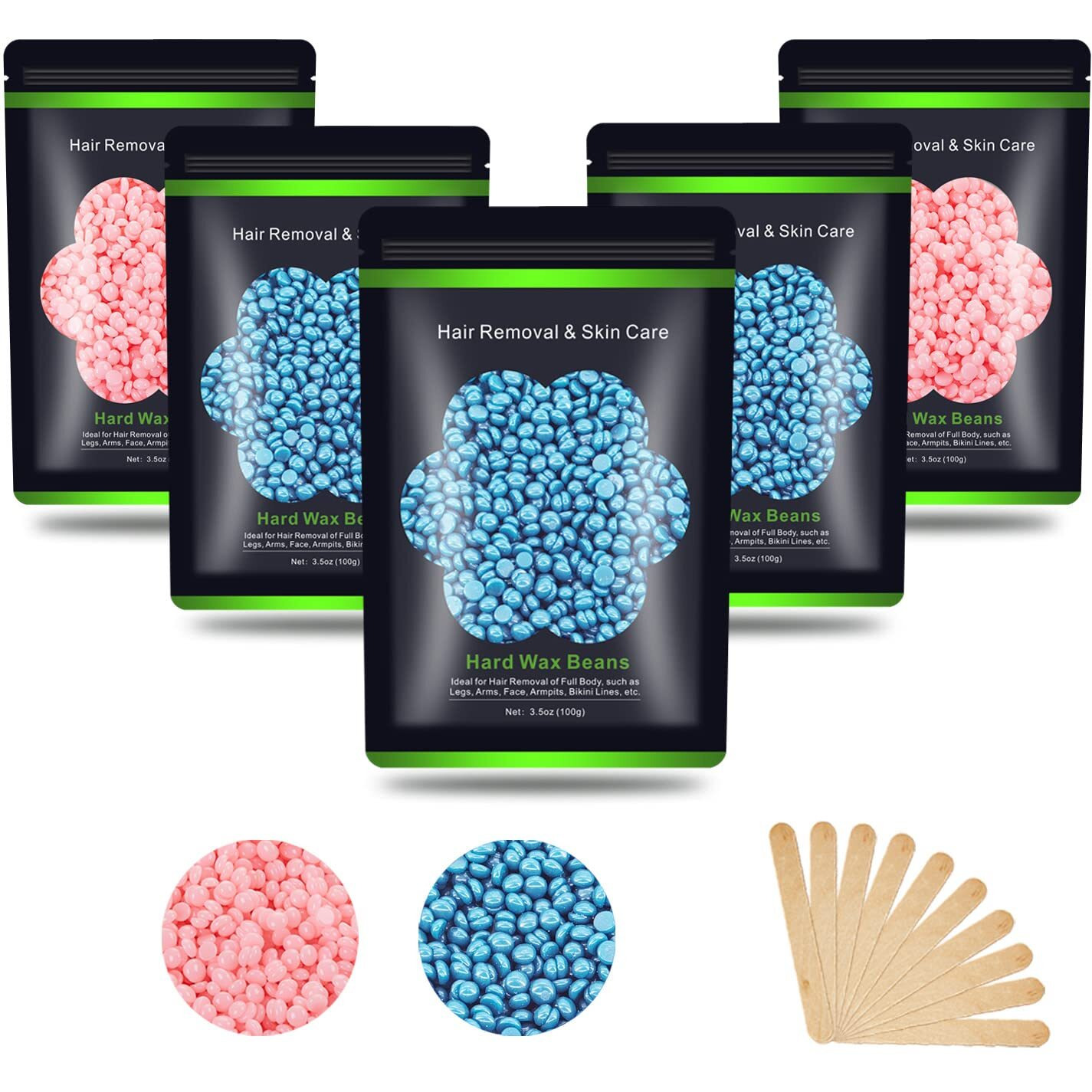 Auperwel Hard Wax Beans 17.5Oz 1.1Lb, Hair Removal Wax Beads Body Brazilian Pearl Waxing Beads For Women Men, 10 Waxing Spatulas For Bikini, Eyebrow, Face, Armpit, 5 Packs