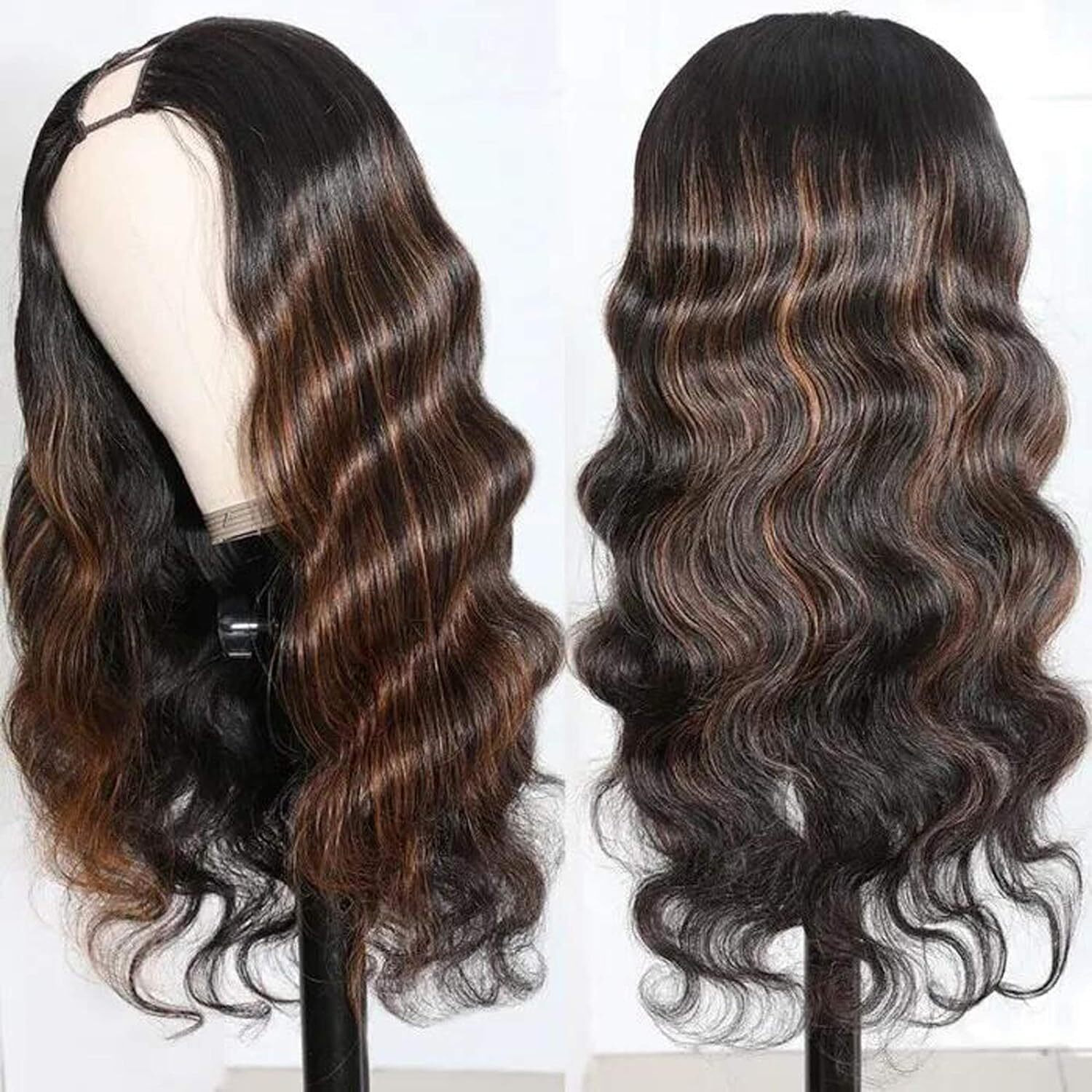 Dosacia V Part Wigs Human Hair Body Wave Brazilian Virgin Human Hair Wigs Glueless Full Head Clip In Half Wig For Black Women Upgrade U Part Glueless Wig Fb30 Balayage Brown 180% Density 16 Inch