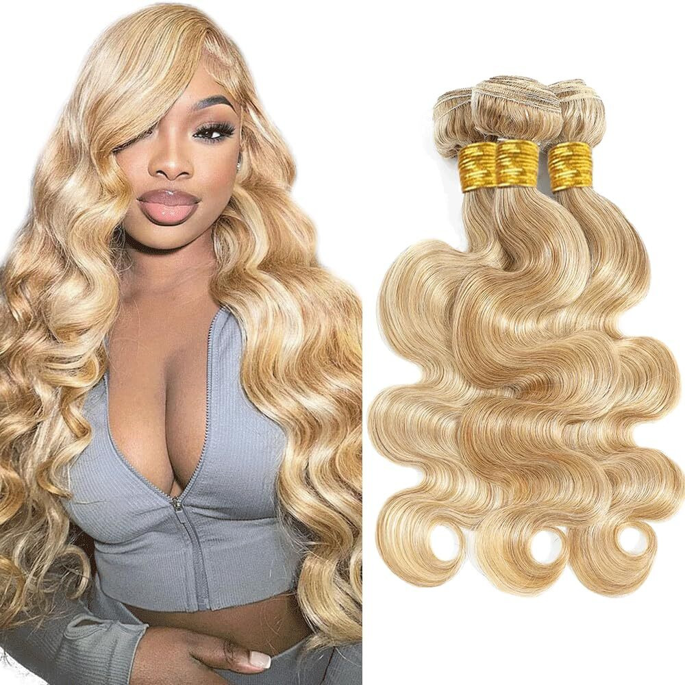 P27613 Bundles Highlight Body Wave Human Hair Bundle Two Tone Honey Blonde Mixed With 613 Bundle Blonde Body Wave 3 Bundles 28 28 28 Inch Color 27 Hair Weave