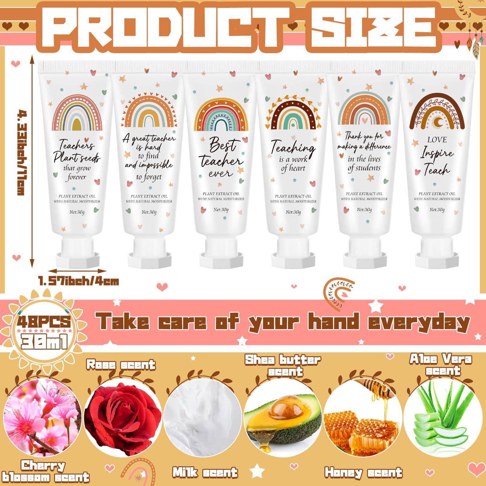 Dansib 48 Pcs Teacher Appreciation Hand Cream Gifts Boho Rainbow 2025 Back To School Thank You Teacher Gifts For Women Travel Size Hand Lotion Cream Christmas Moisturizing