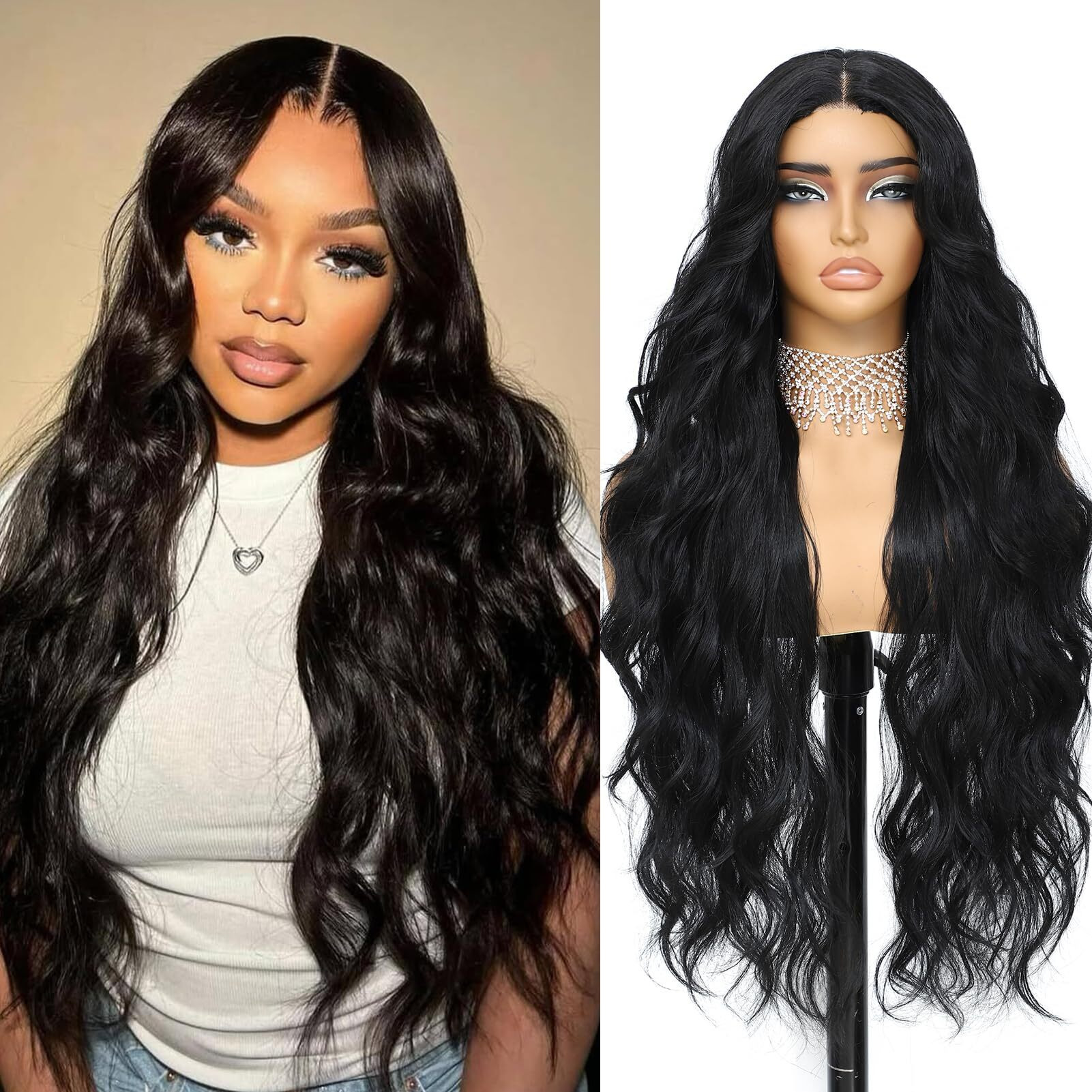 Long Black Synthetic Lace Front Wig 30Inch Long Wavy Natural Balck Pre Plucked Ready To Wear 4X1 Glueless Curly Body Wave Wig For Black Women Heat Resistant Fiber Synthetic Hair For Daily Party Use