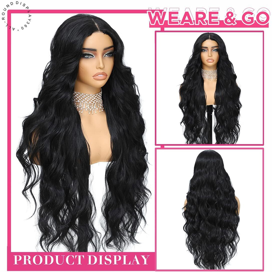 Long Black Synthetic Lace Front Wig 30Inch Long Wavy Natural Balck Pre Plucked Ready To Wear 4X1 Glueless Curly Body Wave Wig For Black Women Heat Resistant Fiber Synthetic Hair For Daily Party Use