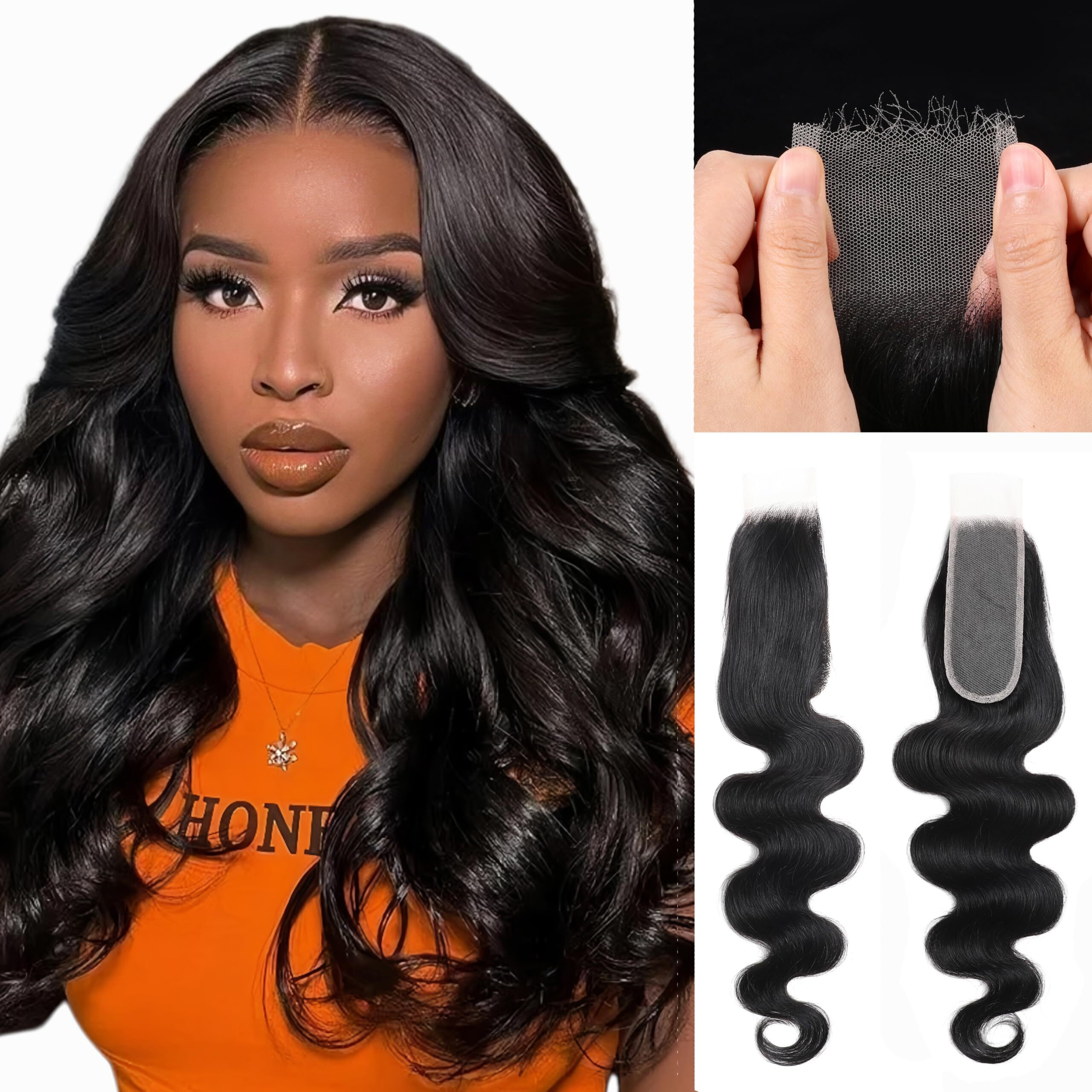2X6 Skinlike Real Hd Lace Closure Body Wave Human Hair Closure Invisible Ultra-Thin 2X6 Kim K Lace Closure Brazilian Virgin Human Hair Pre Plucked Natural Black 14 Inch