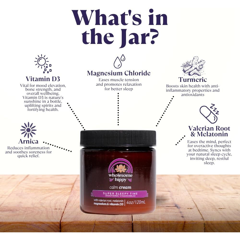 Wholesome Hippy Super Sleepytime Calm Cream - Nighttime Body Butter With Magnesium, Melatonin, Valerian & Chamomile - Soothing Vegan Moisturizer For Bedtime Routine - 4Oz