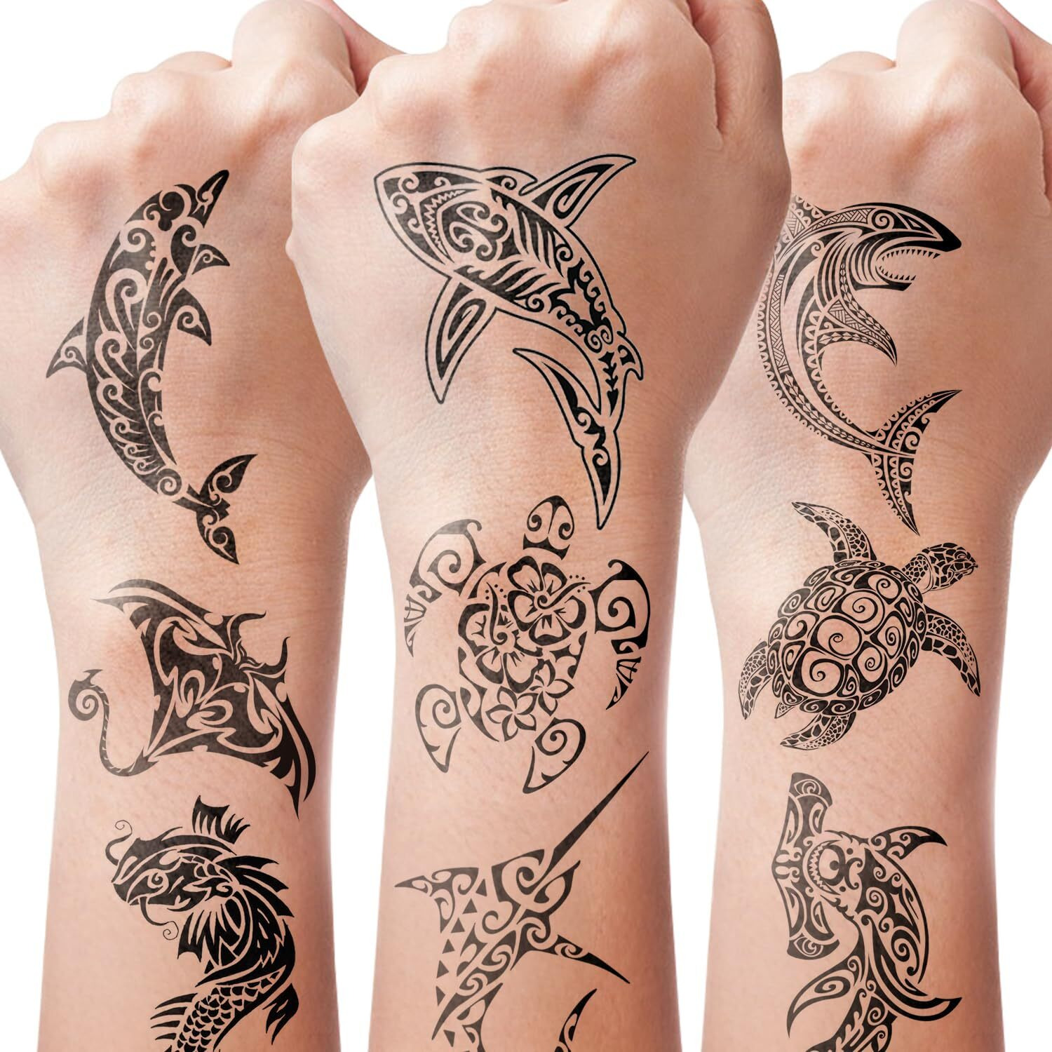 Ftvltat 16 Pcs Black Tribal Totem Temporary Tattoo Stickers For Women Men, Maori Stingray Shark Whale Turtles Seahorses Patterns, Long-Lasting Waterproof Removable Body Art Makeup Fake Tattoo