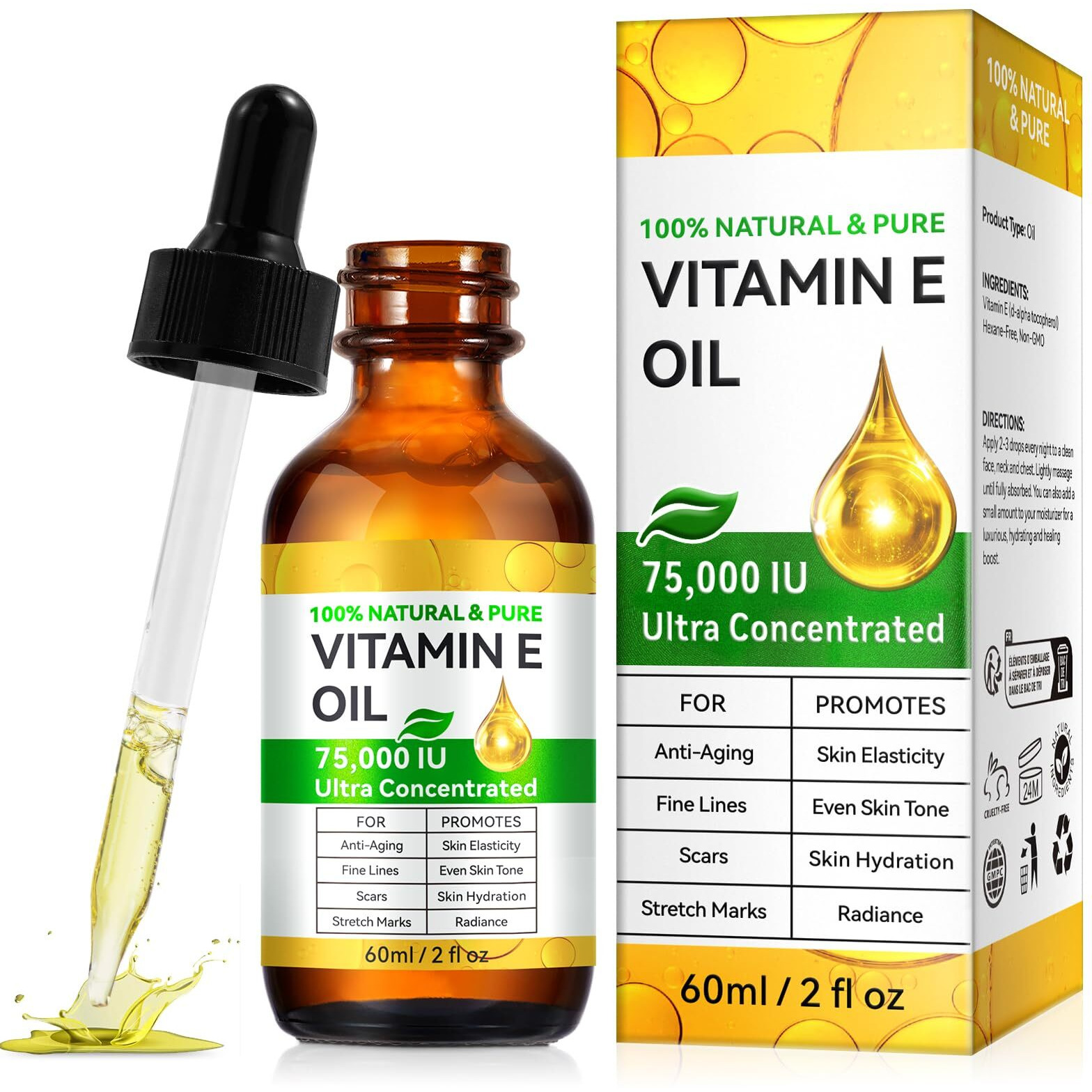 Vitamin E Oil For Skin 75,000 Iu, 2Fl Oz Pure Vitamin E Oil For Scars, Hair, Face And Scalp, Moisturizing Dry Skin, Reduces Winkles And Fine Lines, Perfect Bath And Body Oils