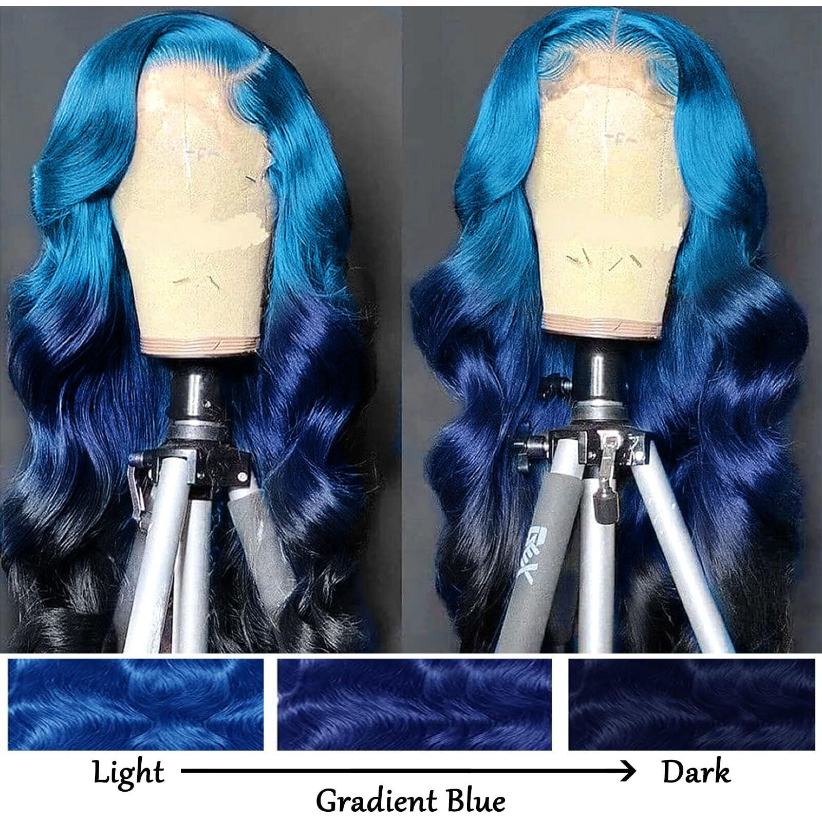 Haha Ombre Blue Lace Front Wig Human Hair 3 Tones Light Blue To Dark Blue Wig Human Hair Navy Blue Body Wave 13X4 Hd Transparent Lace Frontal Wig Pre Plucked 180% Density 22 Inch
