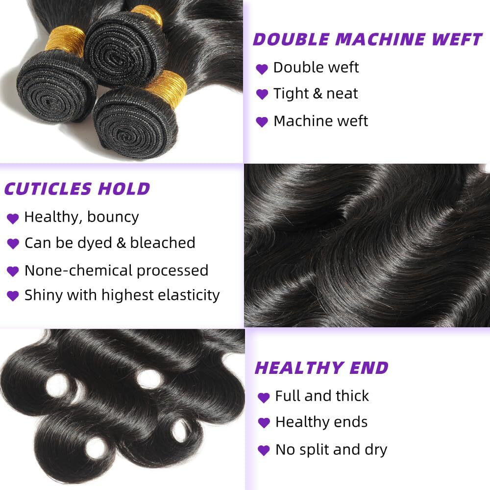 12A Human Hair Bundles 16 16 16 Inch Body Wave Bundles Human Hair 100% Unprocessed Brazilian Virgin Weave 3 Bundle For Women Natural Black Wet And Wavy Human Hair Extensions