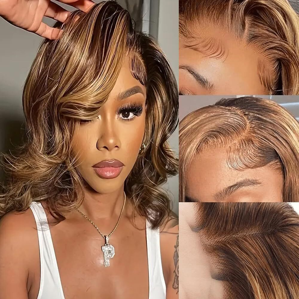 Yingrun Bob Wig Human Hair Honey Blonde 13X4 Body Wave Lace Front Wigs P4/27 180% Density Human Hair Wigs For Black Women With Baby Hair Around 16 Inch