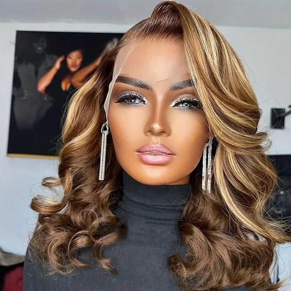 Yingrun Bob Wig Human Hair Honey Blonde 13X4 Body Wave Lace Front Wigs P4/27 180% Density Human Hair Wigs For Black Women With Baby Hair Around 16 Inch