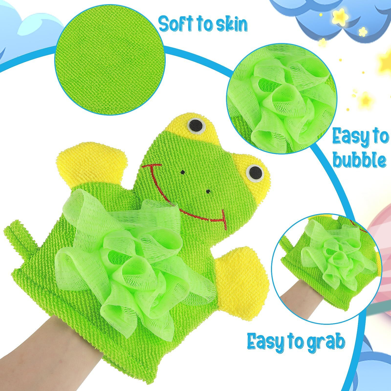 2 Pcs Kids Shower Loofah Cute Animal Kid Bath Gloves Loofah Body Scrubber For Showers Kids Sponges Exfoliating Bath Mitt Shower Washing Gloves For Baby Gentle Soft And Easy To Lather (Bear Frog)