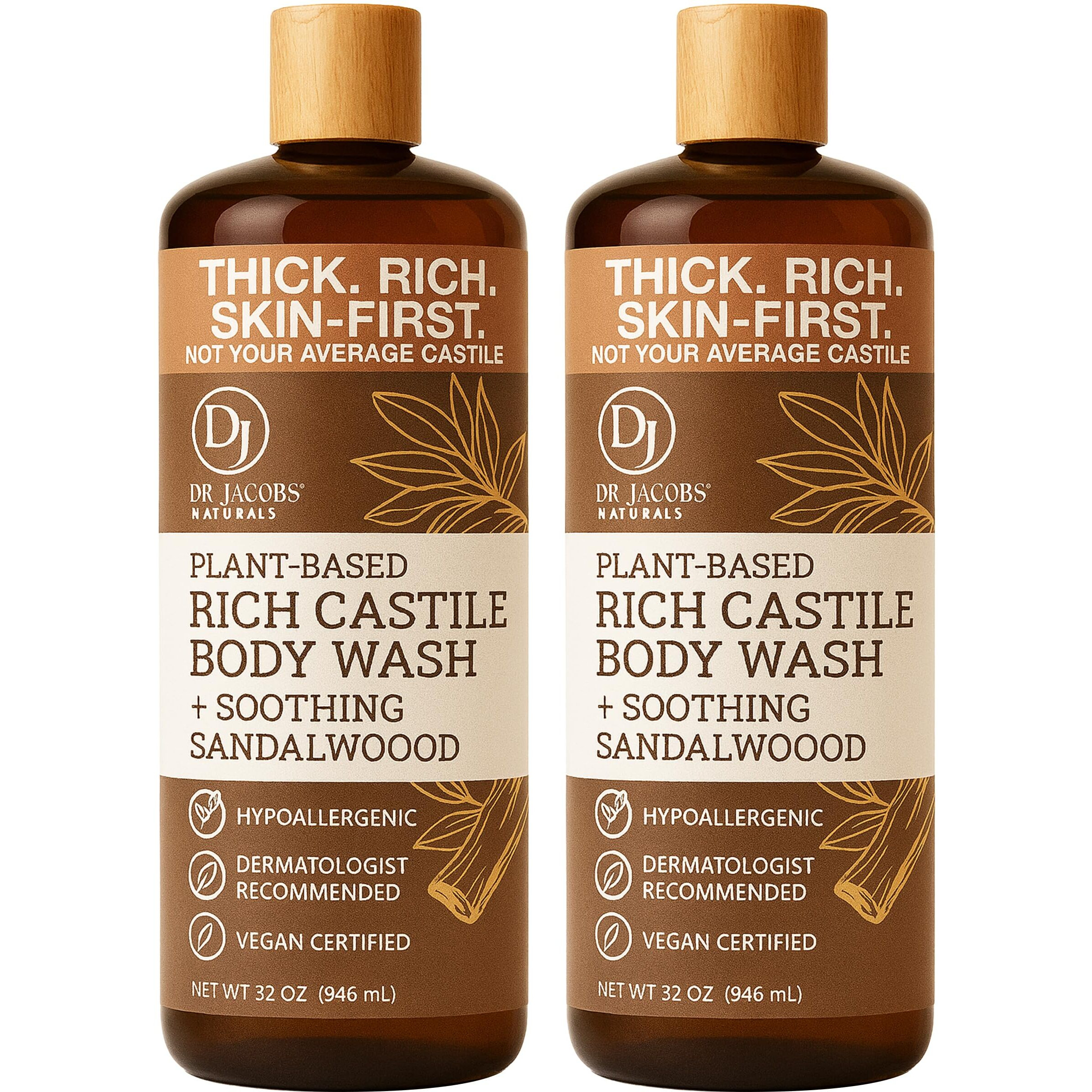 Dr. Jacobs Naturals Castile Sandalwood All-Natural Body Wash For Moisturizing Dry And Sensitive Skin Shampoo With Plant-Based Ingredients Gluten, Preservatives-Free Formula - 32 Oz, Pack Of 2
