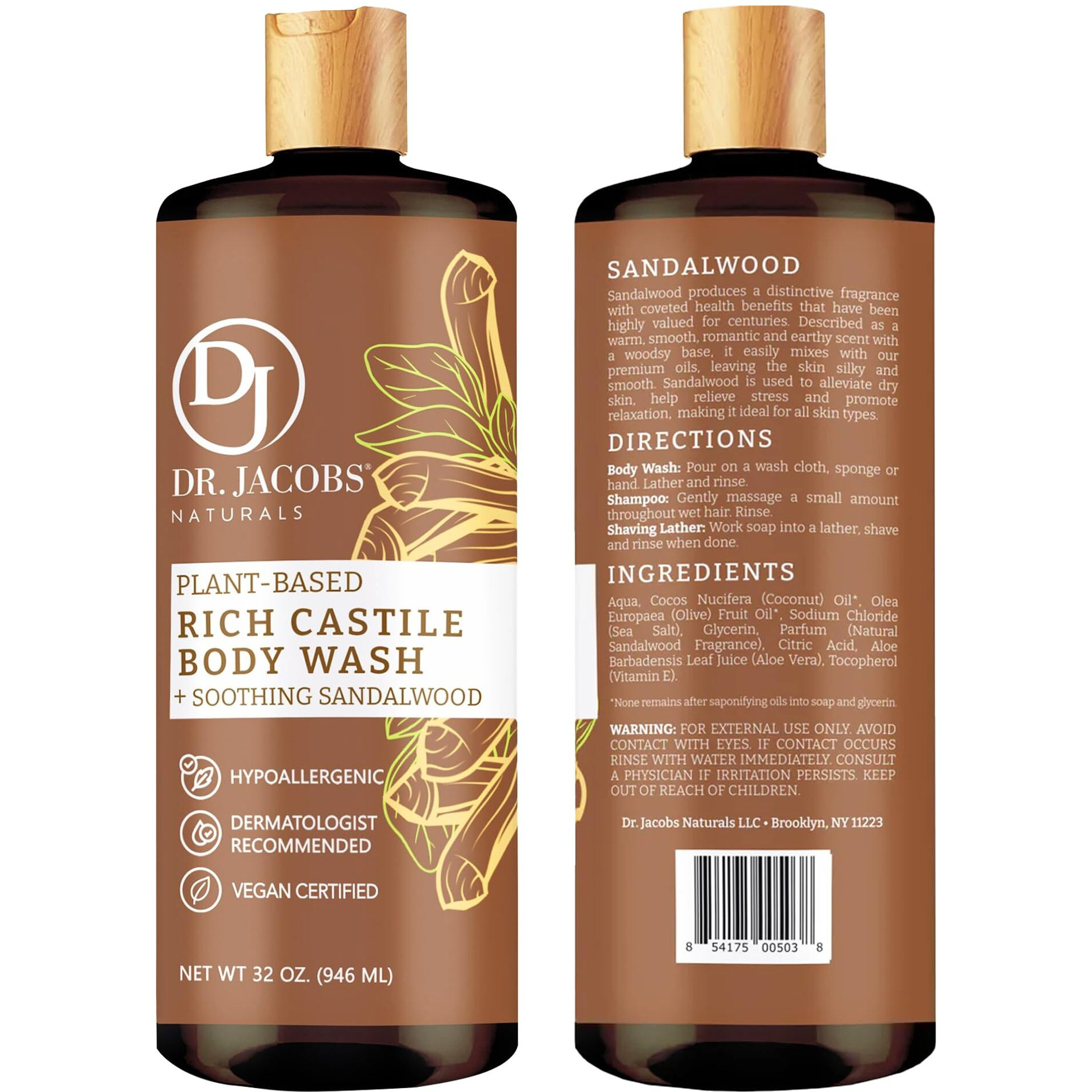 Dr. Jacobs Naturals Castile Sandalwood All-Natural Body Wash For Moisturizing Dry And Sensitive Skin Shampoo With Plant-Based Ingredients Gluten, Preservatives-Free Formula - 32 Oz, Pack Of 2