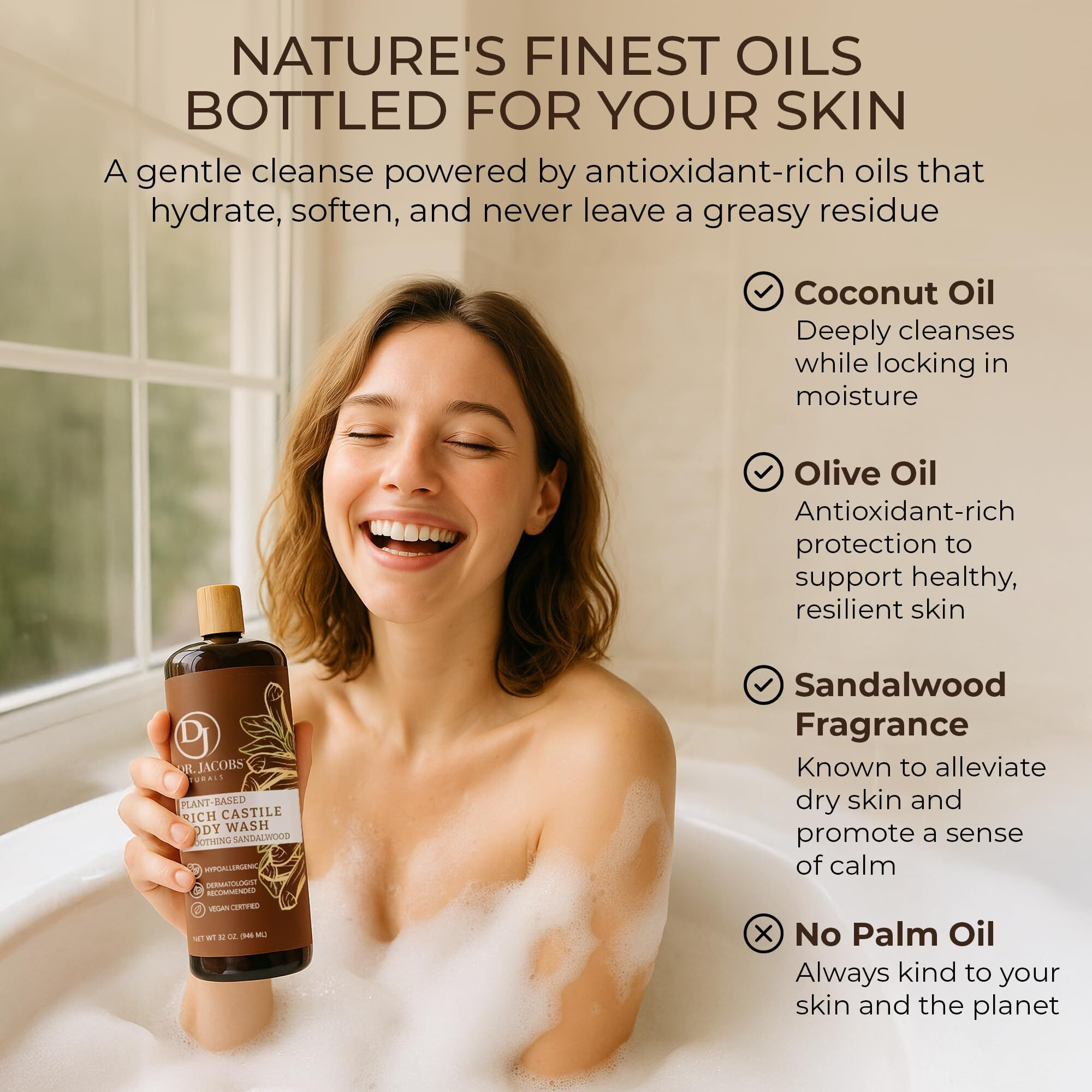Dr. Jacobs Naturals Castile Sandalwood All-Natural Body Wash For Moisturizing Dry And Sensitive Skin Shampoo With Plant-Based Ingredients Gluten, Preservatives-Free Formula - 32 Oz, Pack Of 2