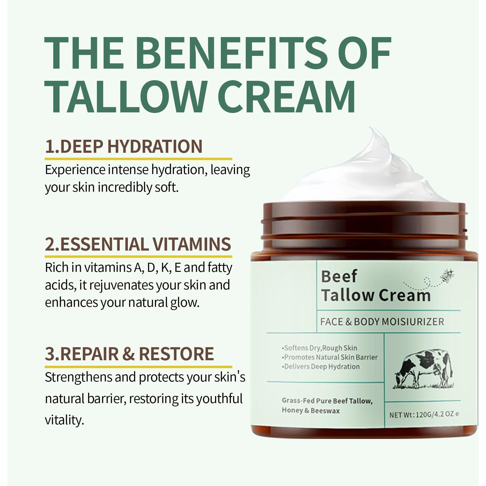 Ztsgu 2 Pcs Organic Grass-Fed Beef Tallow And Honey Balm, Face And Body Soothes Dryness Natural Moisturizer Cream Unscented. 8.4 Oz