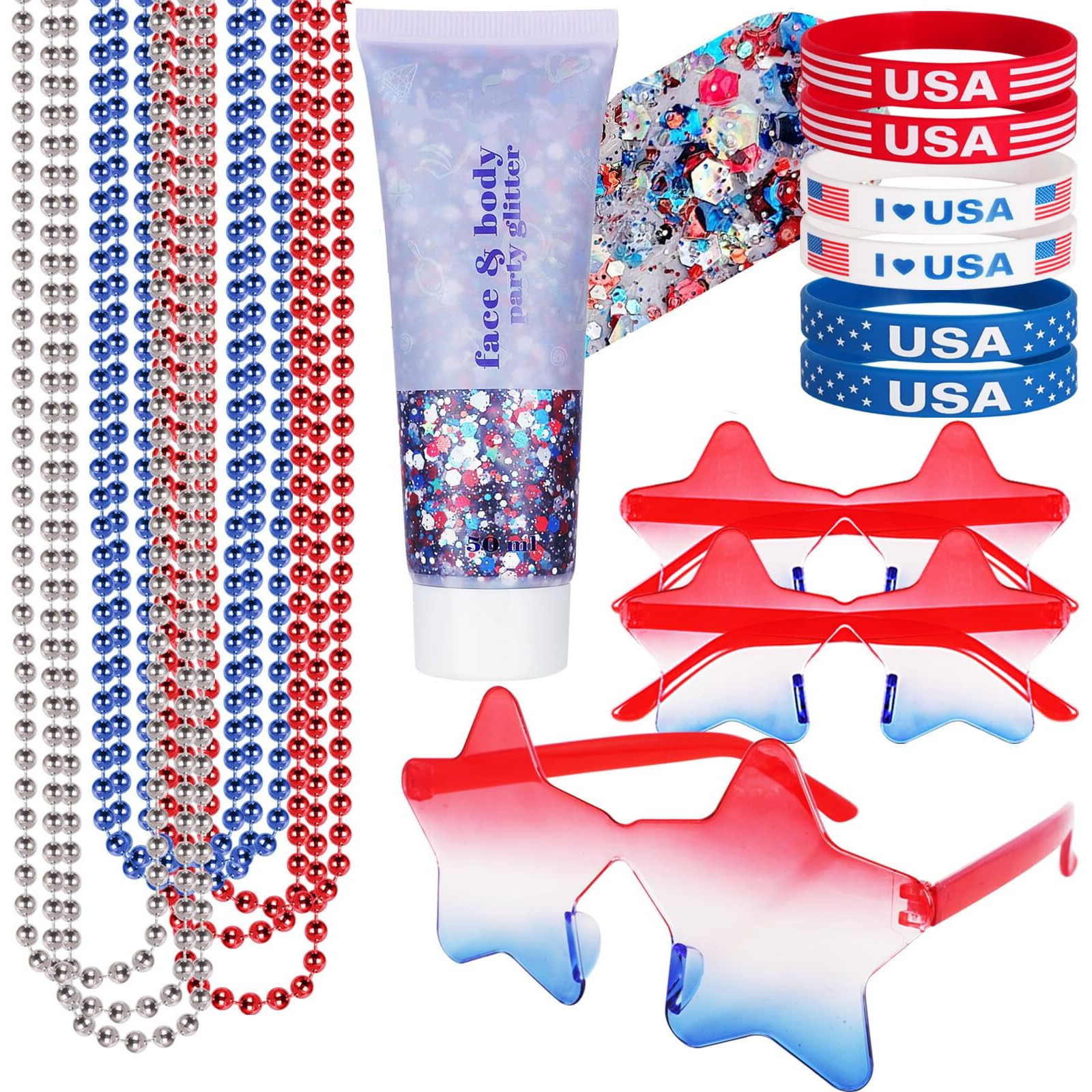 Go Ho 4Th Of July Outfits For Women,Red White And Blue Face Body Glitter Gel,9 Pc Necklaces,3 Pairs Star Sunglasses And 6 Pc Rubber Bracelets Wristbands Set For Usa Patriotic Outfits Makeup