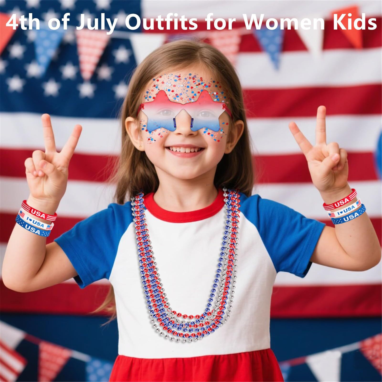 Go Ho 4Th Of July Outfits For Women,Red White And Blue Face Body Glitter Gel,9 Pc Necklaces,3 Pairs Star Sunglasses And 6 Pc Rubber Bracelets Wristbands Set For Usa Patriotic Outfits Makeup