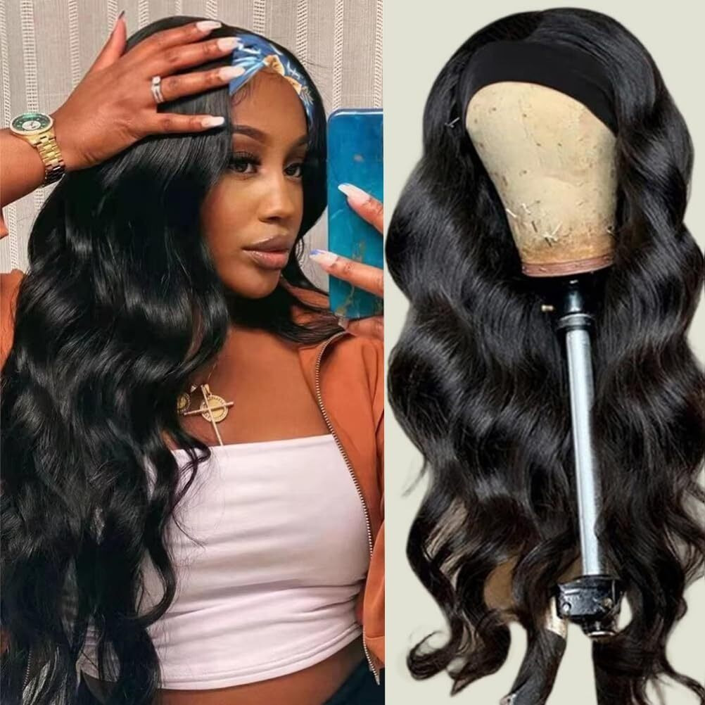 Headband Wigs For Black Women Human Hair Body Wave Head Band Wig 100% Brazilian Raw Human Hair Wear And Go Glueless Half Wigs 150% Density Machine Made Natural Color