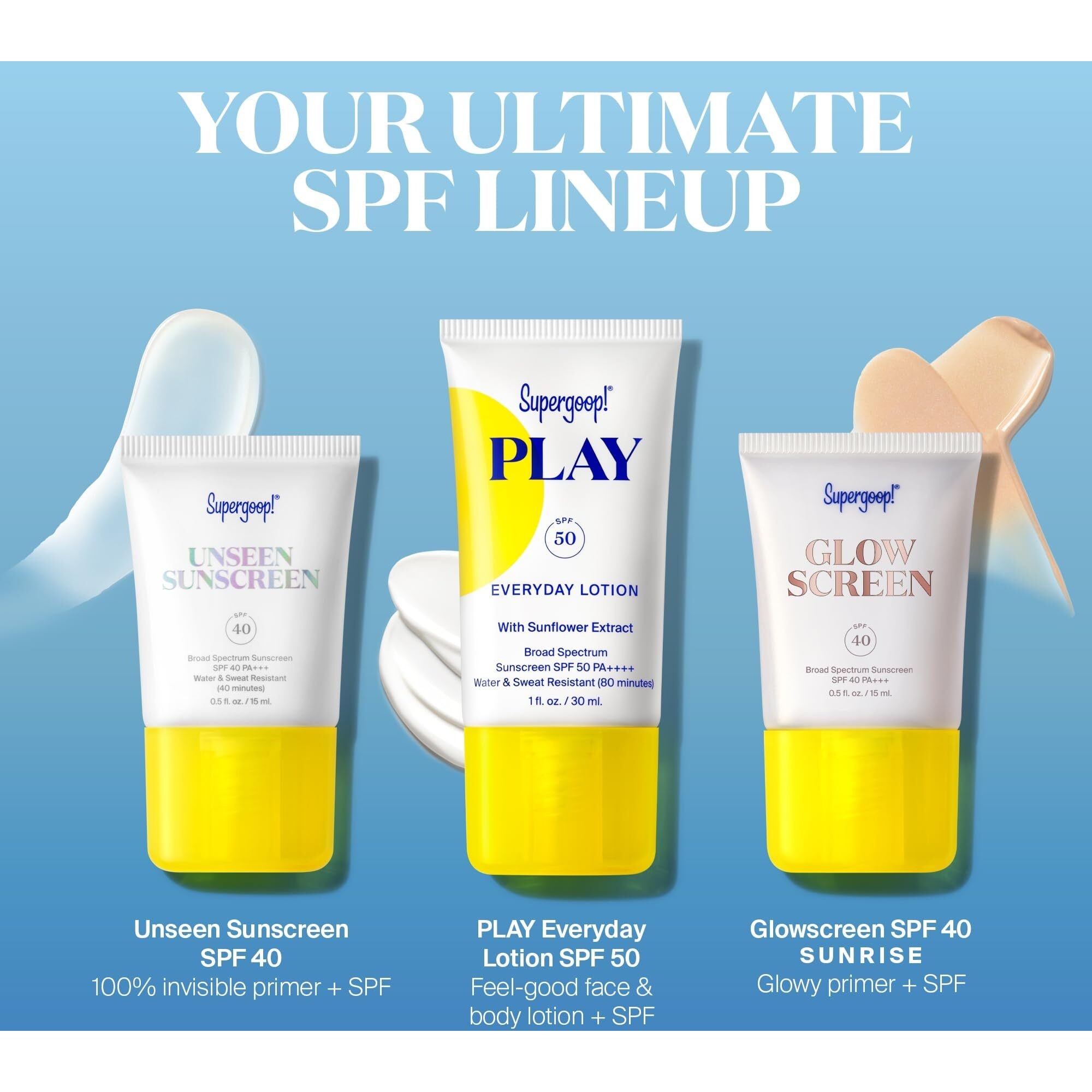 Supergoop Spf Bestsellers Starter Set - Includes Play Everyday Lotion Spf 50 (1 Fl Oz), Unseen Sunscreen Spf 40 (0.5 Fl Oz) & Glowscreen Spf 40 (0.5 Fl Oz)