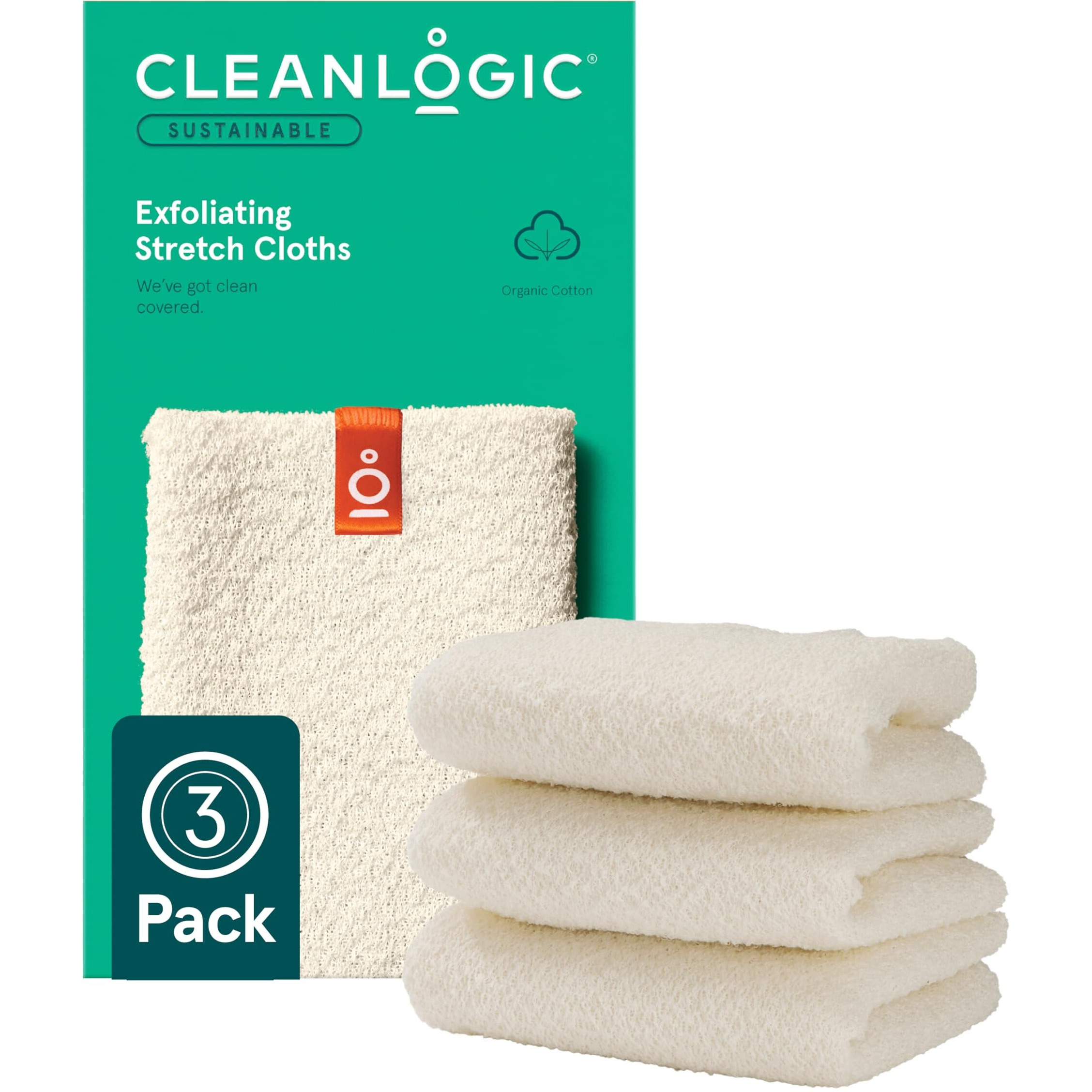 Cleanlogic Body Exfoliating Cloth, Stretchy Organic Sustainable Cotton Exfoliator Bath And Shower Washcloths, Reusable Daily Skincare Tool, 3 Count